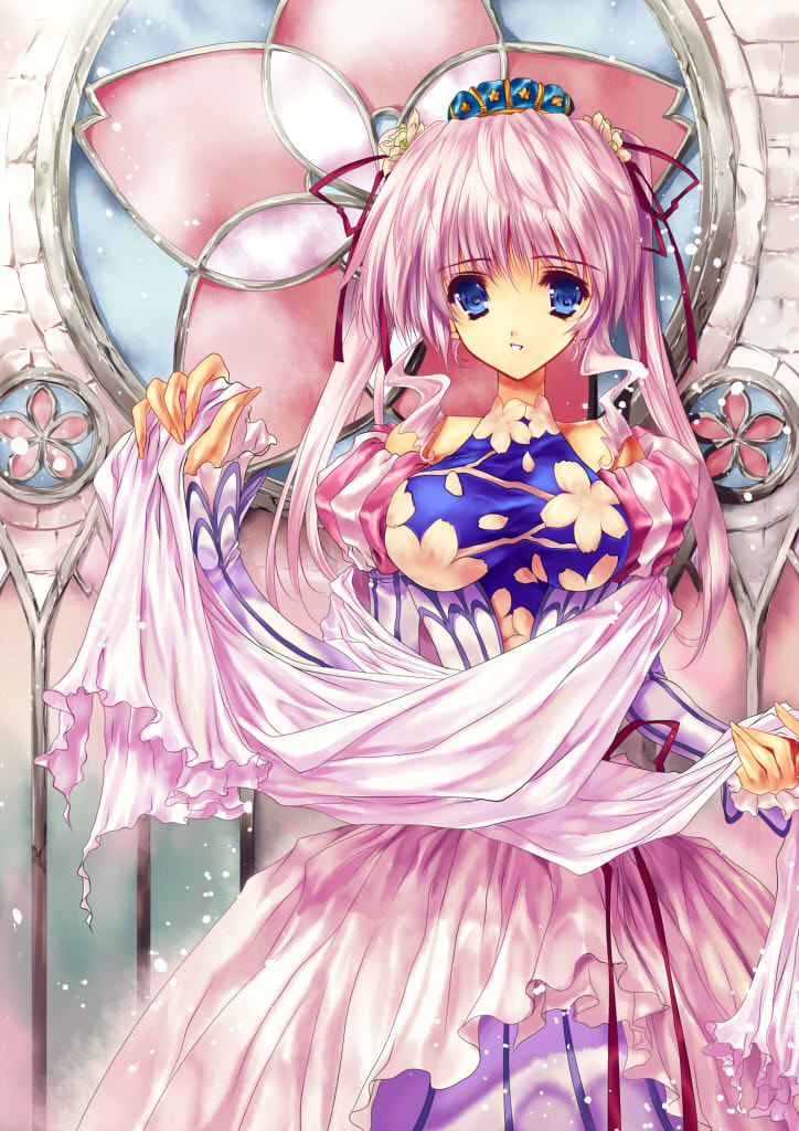 okonogi noi, original, 1girl, blue eyes, breasts, cherry blossoms, dress, female focus, hair ornament, long hair, pink dress, pink hair, ribbon, solo, spring (season), twintails