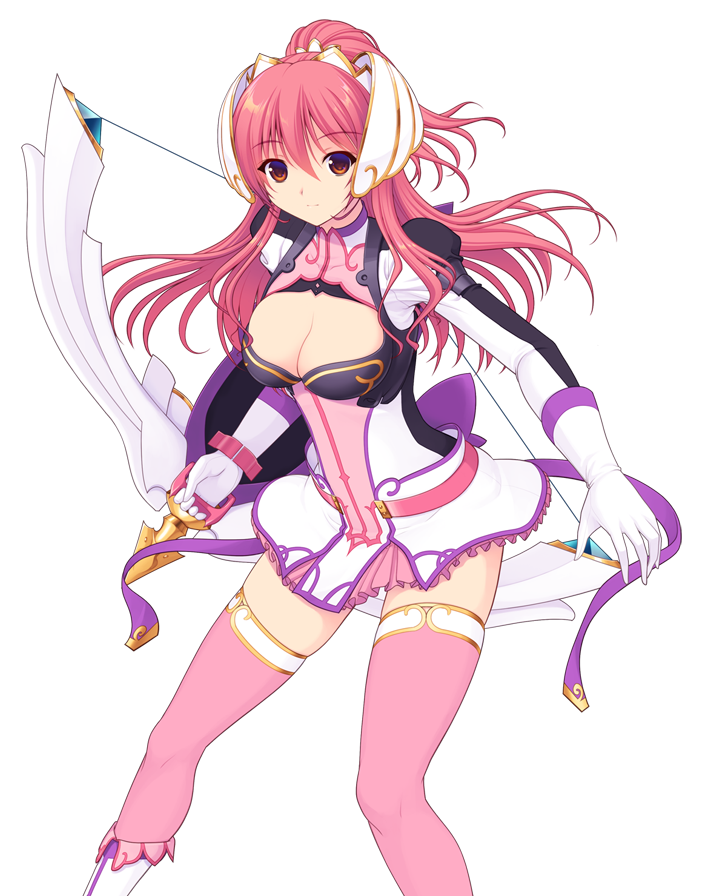 saitou natsuki, suhamaya, en ciel rena, en ciel rena (sin), tomoe rena, kourin tenshi en ciel rena, game cg, large variant set, non-web source, official art, variant set, 1girl, boots, bow, bow (weapon), breasts, brown eyes, cleavage, cleavage cutout, clothing cutout, dress, gloves, hair between eyes, hair ornament, headgear, high ponytail, holding, holding weapon, large breasts, long hair, long sleeves, looking at viewer, pink hair, pink thighhighs, ponytail, red hair, short dress, skirt, solo, thighhighs, transparent background, weapon, white gloves, zettai ryouiki