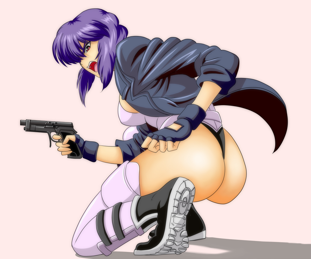 ghost (mausuman34), uchiu kazuma, kusanagi motoko, ghost in the shell, 1girl, angry, ass, female focus, fingerless gloves, gloves, gun, jacket, leotard, purple hair, red eyes, short hair, solo, thong leotard, weapon