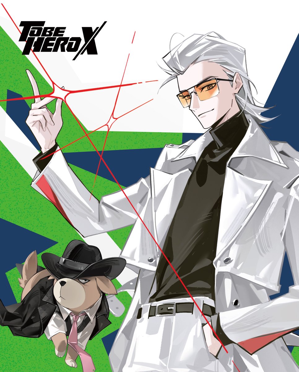 ahu (to be hero x), x (to be hero x), to be hero, to be hero x, artist request, chinese commentary, commentary request, highres, official art, promotional art, 1boy, belt, black coat, black shirt, coat, collared shirt, copyright logo, dog, fedora, hair slicked back, hand in pocket, hat, high collar, logo, looking at viewer, mullet, necktie, orange-tinted eyewear, red necktie, shirt, shirt tucked in, smirk, snapping fingers, tinted eyewear, white hair, white shirt