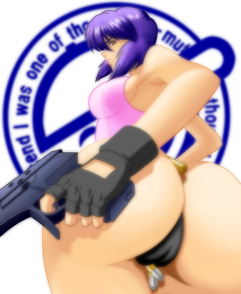 ghost (mausuman34), uchiu kazuma, kusanagi motoko, ghost in the shell, 1girl, ass, between buttocks, breasts, bullet, cameltoe, female focus, fingerless gloves, gloves, gun, handgun, huge ass, laughing man (gits), leotard, logo, panties, pistol, purple hair, solo, thong, underwear, weapon