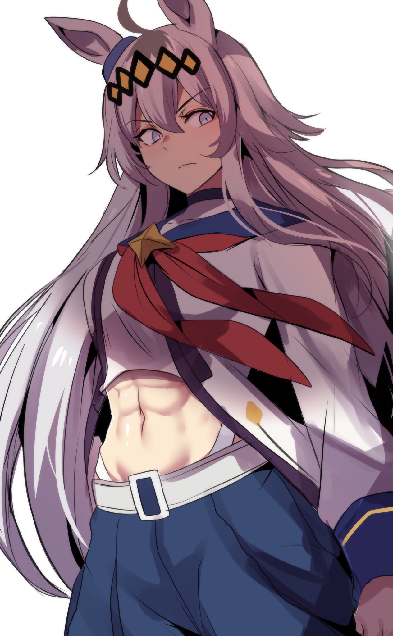 hinghoi, oguri cap (starlight beat) (umamusume), oguri cap (umamusume), umamusume, commentary, english commentary, highres, 1girl, abs, ahoge, animal ears, belt, blue eyes, blue sailor collar, blue skirt, breasts, brooch, closed mouth, ear ornament, grey hair, hair between eyes, hair ornament, hairband, horse ears, horse girl, jacket, jewelry, long hair, long sleeves, midriff, multicolored hair, navel, neckerchief, panty straps, red neckerchief, sailor collar, shirt, simple background, skirt, solo, star brooch, white background, white belt, white jacket