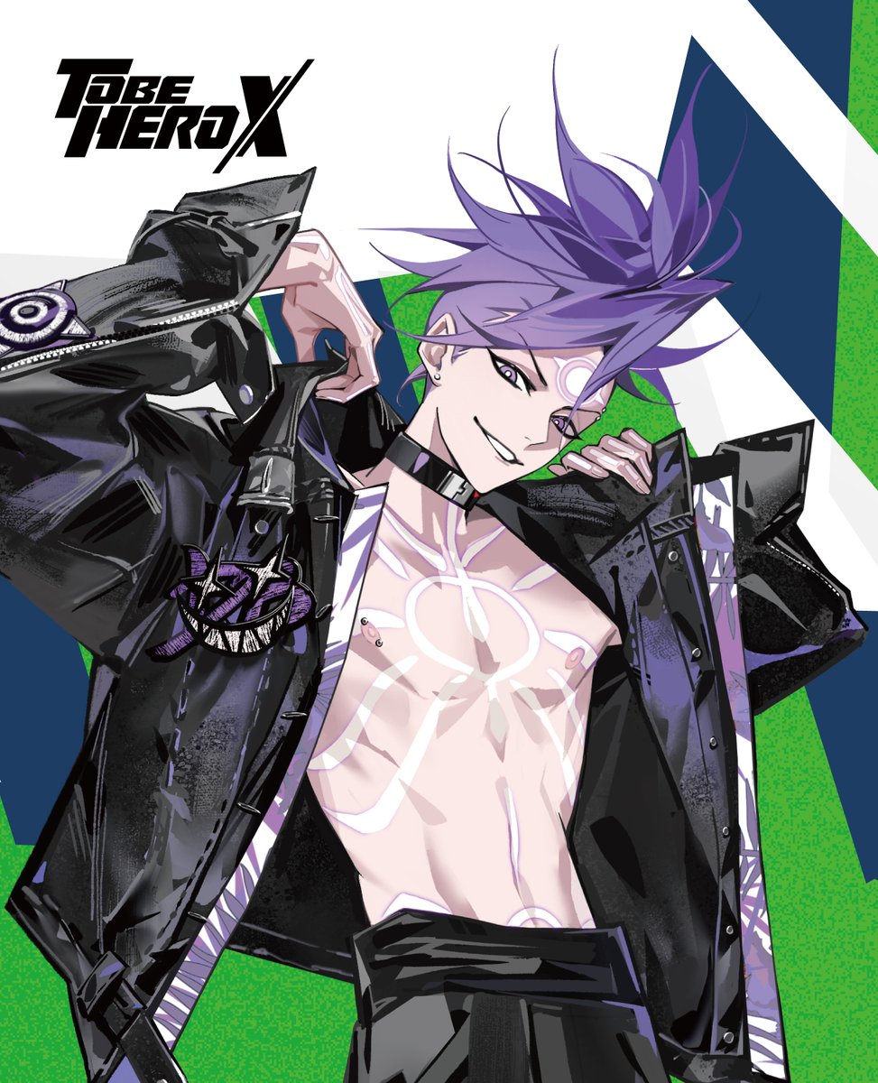dragon boy (to be hero x), to be hero, to be hero x, artist request, chinese commentary, commentary request, highres, official art, promotional art, 1boy, :d, adjusting clothes, black jacket, chest tattoo, collar, copyright logo, cowboy shot, facial mark, forehead mark, grin, jacket, leather, leather jacket, logo, looking at viewer, male focus, mohawk, narrowed eyes, no shirt, open mouth, purple eyes, purple hair, purple trim, smile, smirk, solo, tattoo, toned, toned male