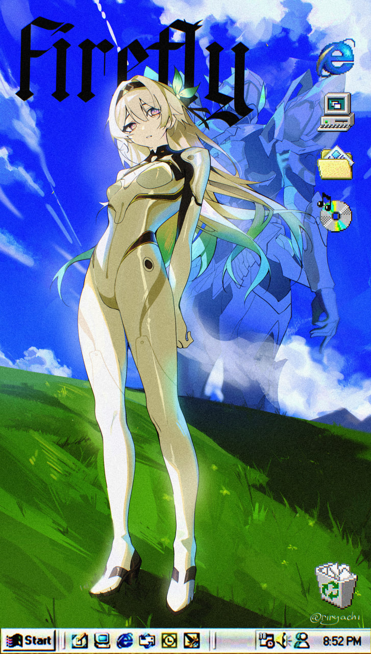 firefly (ar-26710) (honkai: star rail), firefly (honkai: star rail), sam (honkai: star rail), honkai: star rail, honkai (series), internet explorer, microsoft, microsoft windows, hashtag-only commentary, highres, 1girl, arrow (symbol), black hairband, blue pupils, blue sky, bodysuit, cloud, full body, gradient eyes, gradient hair, grass, grey bodysuit, grey hair, hair intakes, hairband, mecha pilot suit, monitor, multicolored eyes, multicolored hair, official alternate costume, recycle bin, recycling symbol, riryachi, sky, two-tone eyes