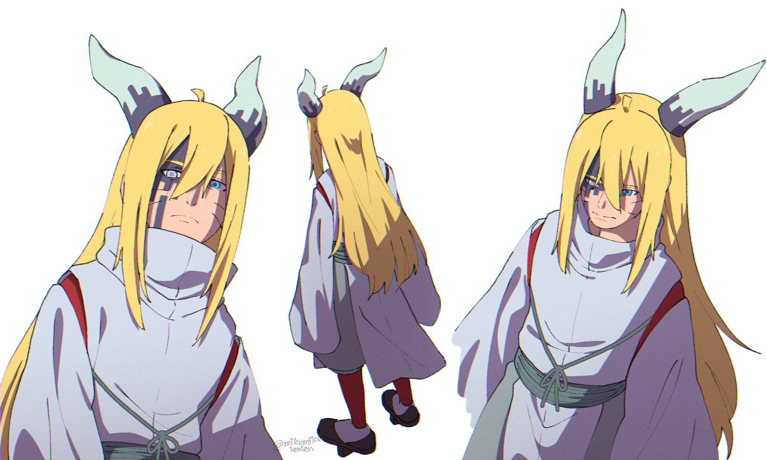 ariamikukanzaki, lopunny, ootsutsuki momoshiki, uzumaki naruto, boruto: naruto next generations, naruto (series), commentary, 1boy, alternate hair length, alternate hairstyle, blonde hair, blue eyes, cosplay, facial mark, frown, gen 4 pokemon, geta, heterochromia, horns, japanese clothes, male focus, ootsutsuki momoshiki (cosplay), purple eyes, signature, socks, tengu-geta, whisker markings, white socks