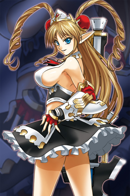 haruyama kazunori, neige hausen, banpresto, super robot wars, super robot wars og saga mugen no frontier, super robot wars og saga mugen no frontier exceed, super robot wars original generation, 1girl, armor, armpits, blonde hair, blue eyes, breasts, brown hair, drill hair, female focus, fingerless gloves, frills, from behind, gloves, gun, hairpods, huge weapon, large breasts, long hair, looking back, midriff, neeju hausen, pointy ears, sideboob, skirt, smile, solo, sword, tiara, twin drills, twintails, upskirt, very long hair, weapon, wind, wind lift, zoom layer