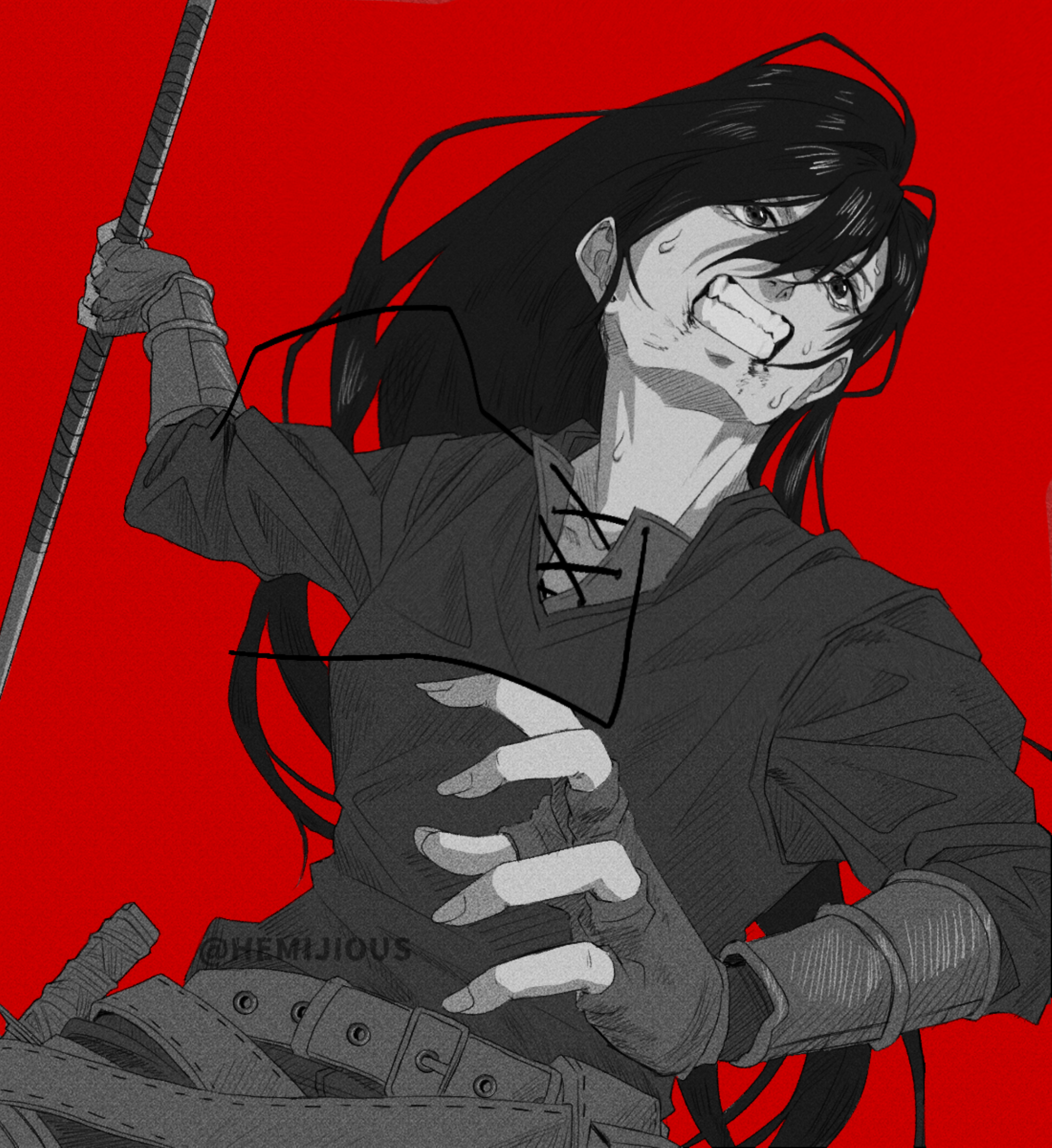 rain (shadow slave), shadow slave, artist request, commentary, english commentary, highres, 1girl, arm guards, black gloves, black hair, clenched teeth, collared shirt, cowboy shot, fighting stance, fingerless gloves, from below, furrowed brow, gloves, hair between eyes, holding, holding polearm, holding weapon, imminent attack, javelin (spear), long hair, polearm, serious, shirt, teeth, weapon