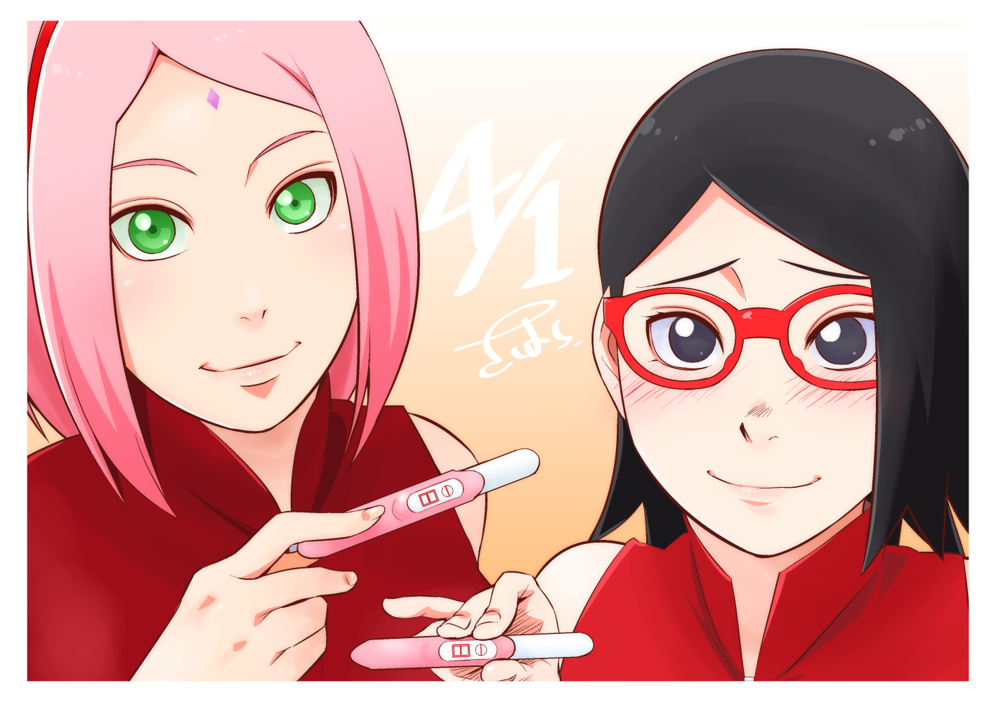 sahara wataru, haruno sakura, uchiha sarada, boruto: naruto next generations, naruto (series), commentary request, 2girls, balcony, black eyes, blush, facial mark, forehead mark, glasses, green eyes, hairband, holding, holding pregnancy test, medium hair, mother and daughter, multiple girls, pink hair, pregnancy test, raised inner eyebrows, red-framed eyewear, red hairband, signature