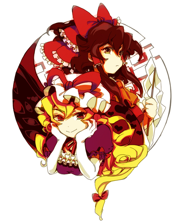 yukizen, hakurei reimu, yakumo yukari, touhou, bad id, bad pixiv id, 2girls, blonde hair, bow, brown hair, female focus, frills, gloves, hat, japanese clothes, long hair, multiple girls, red eyes, ribbon, smile, white gloves, yellow eyes