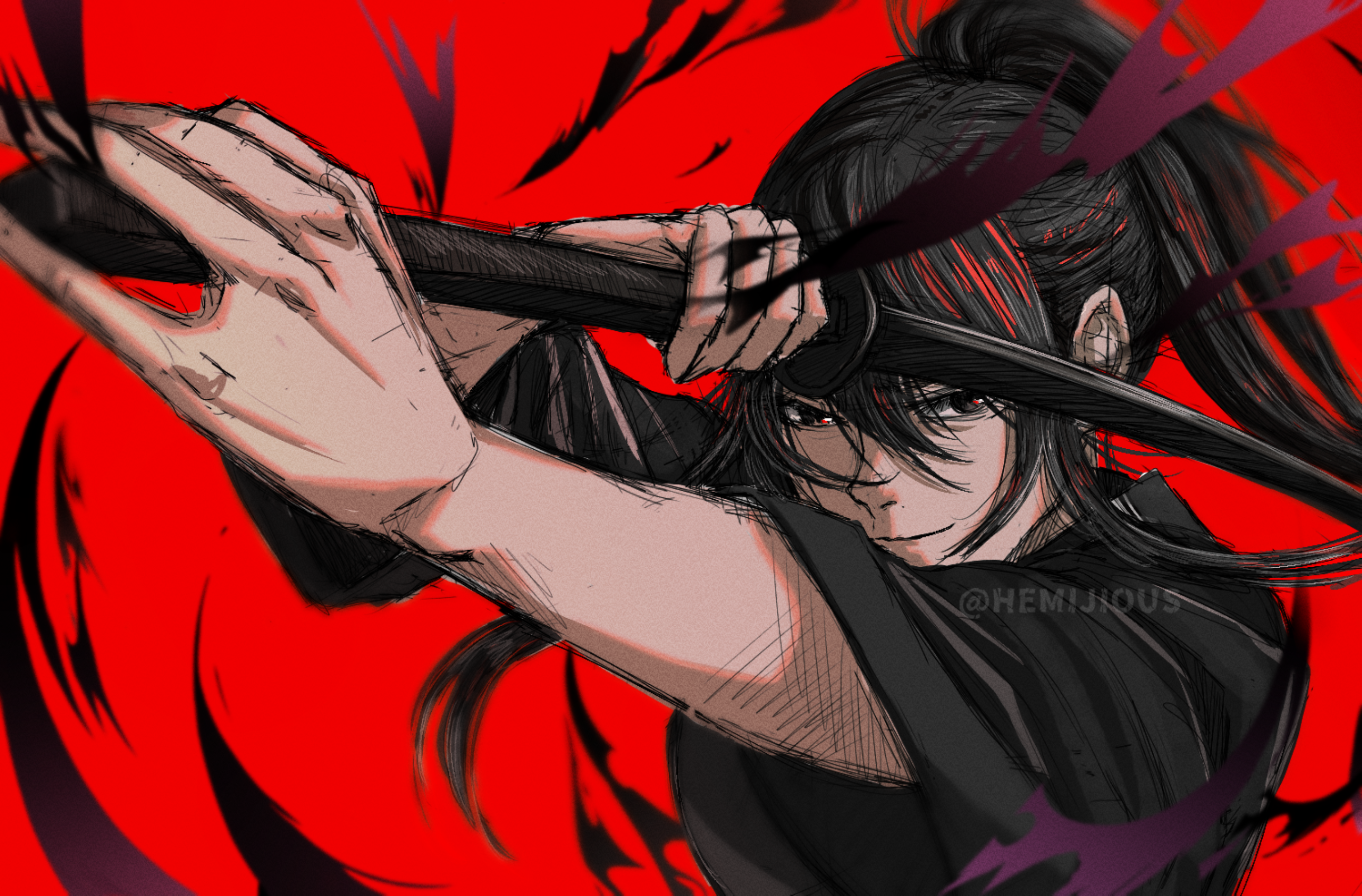 sunny (shadow slave), shadow slave, artist request, character request, check character, highres, 1boy, black eyes, black robe, high ponytail, holding, holding staff, long sidelocks, looking at viewer, male focus, outstretched arm, ponytail, robe, sidelocks, smirk, solo, staff, upper body