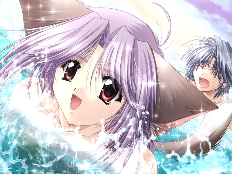 yamamoto kazue, 1boy, 1girl, animal ears, closed eyes, lens flare, long hair, nude, nudist, purple hair, red eyes, short hair, skinny dipping, swimming, tail, zenra