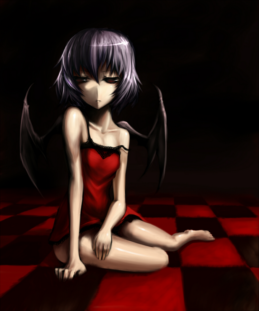 gia, remilia scarlet, touhou, bad id, bad pixiv id, 1girl, bare shoulders, barefoot, bat wings, black background, female focus, full body, legs, lingerie, negligee, purple hair, red eyes, short hair, sitting, solo, underwear, wings, yokozuwari