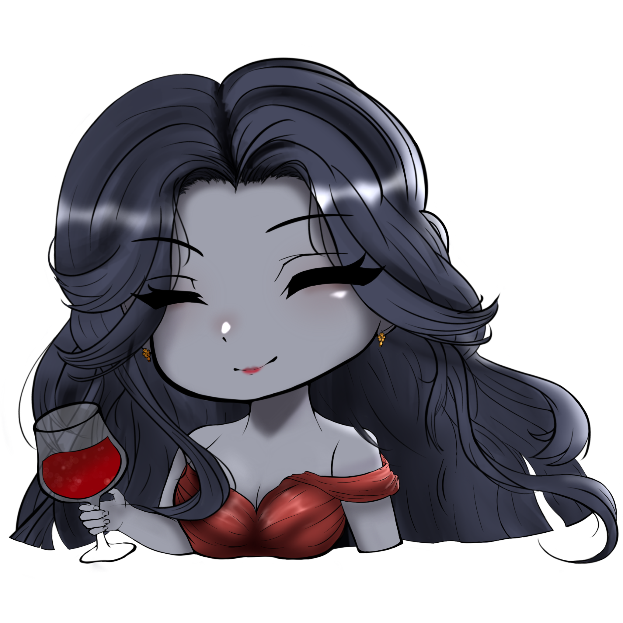 shadow slave, highres, 1girl, breasts, chibi, chibi only, cleavage, closed eyes, colored skin, cup, curtained hair, dress, drinking glass, euriohh, facing viewer, grey hair, grey skin, holding, holding cup, long hair, red dress, seishan, single off shoulder, smile, solo, upper body, wine glass