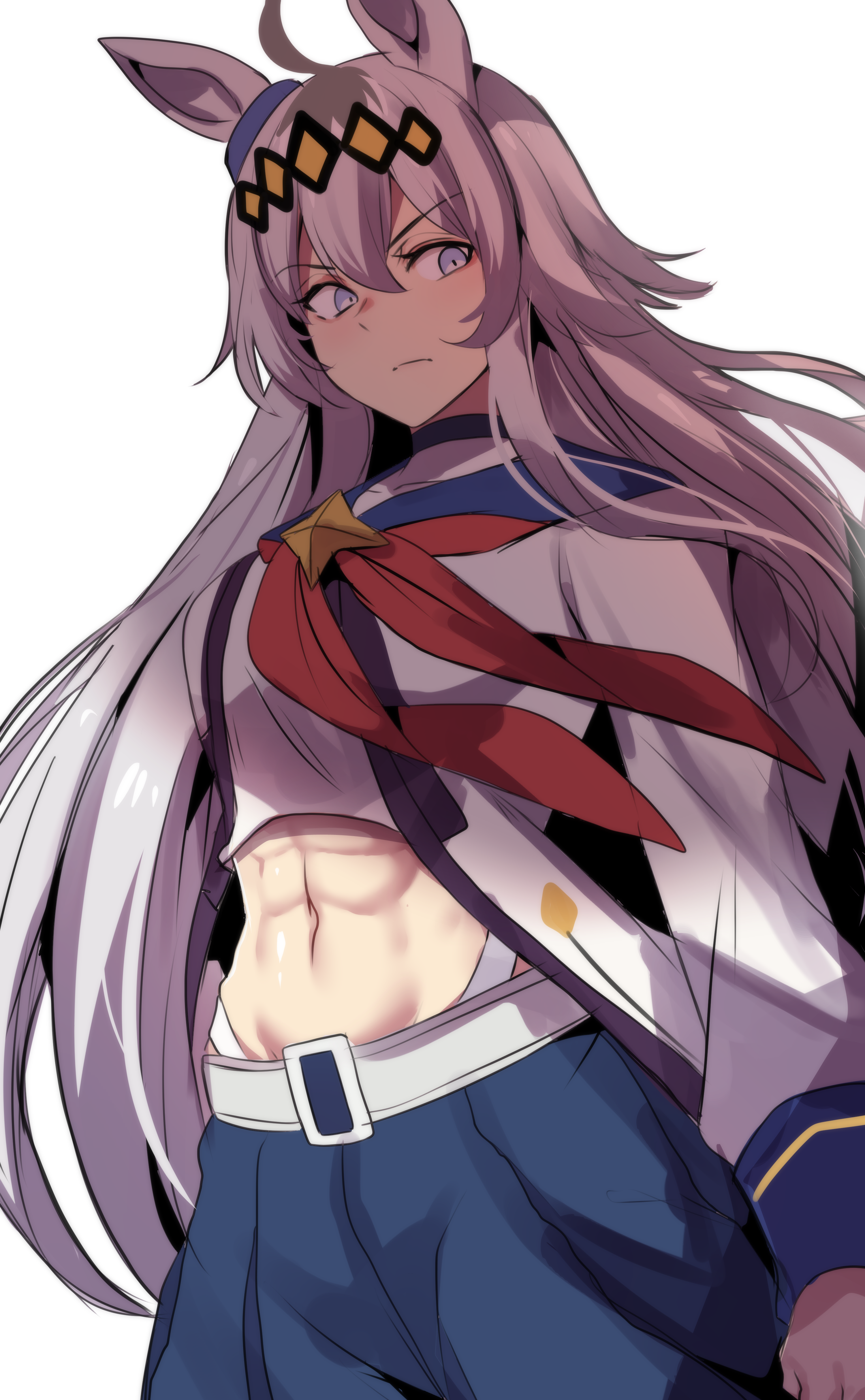 hinghoi, oguri cap (starlight beat) (umamusume), oguri cap (umamusume), umamusume, absurdres, highres, 1girl, abs, ahoge, animal ears, belt, blue eyes, blue sailor collar, blue skirt, breasts, brooch, closed mouth, ear ornament, grey hair, hair between eyes, hair ornament, hairband, horse ears, horse girl, jacket, jewelry, long hair, long sleeves, midriff, multicolored hair, navel, neckerchief, panty straps, red neckerchief, sailor collar, shirt, simple background, skirt, solo, star brooch, white background, white belt, white jacket