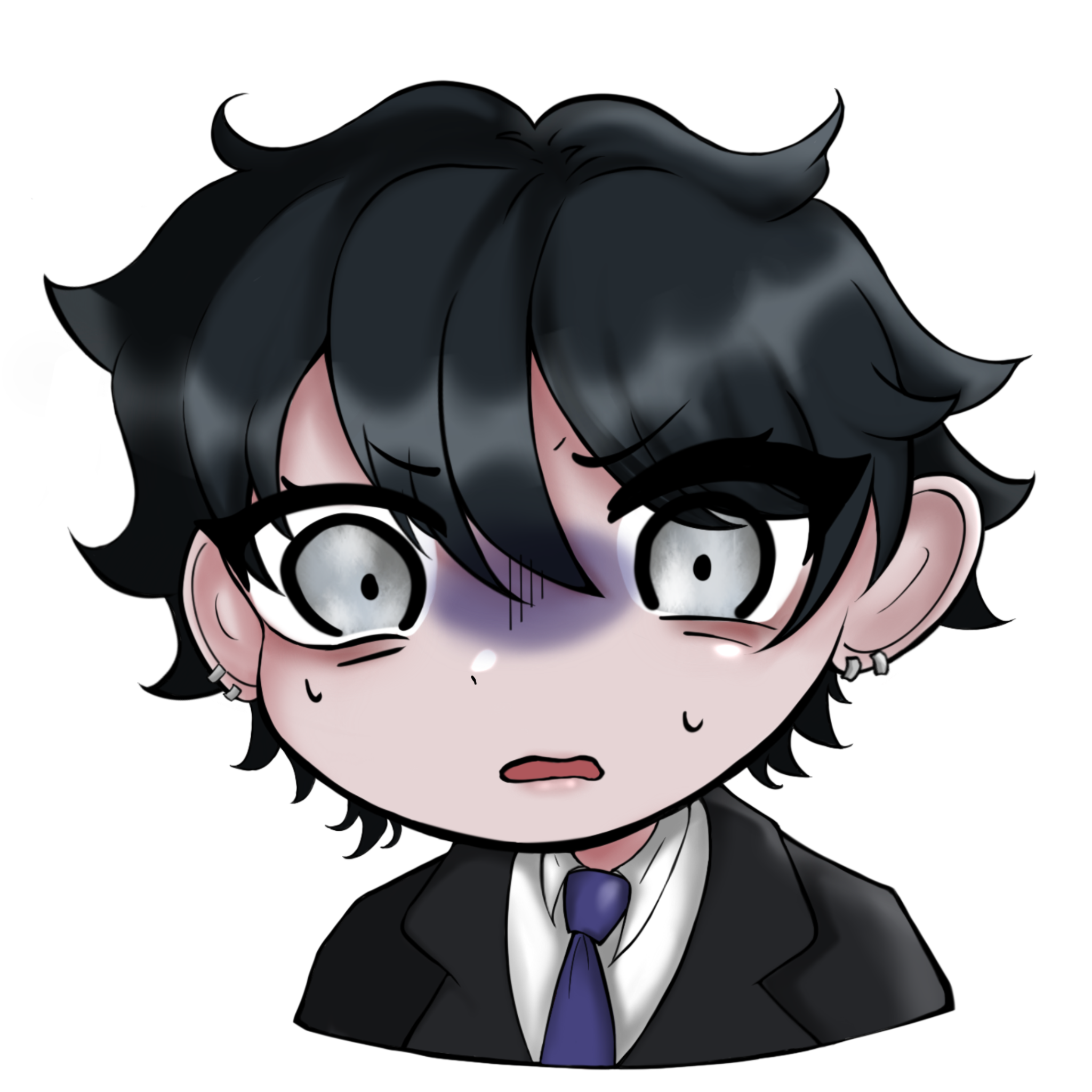 mordret (shadow slave), shadow slave, highres, 1boy, black coat, black hair, chibi, chibi only, coat, collared shirt, constricted pupils, euriohh, grey eyes, looking at viewer, male focus, necktie, partially shaded face, purple necktie, shirt, short hair, solo, sweatdrop, upper body, white shirt