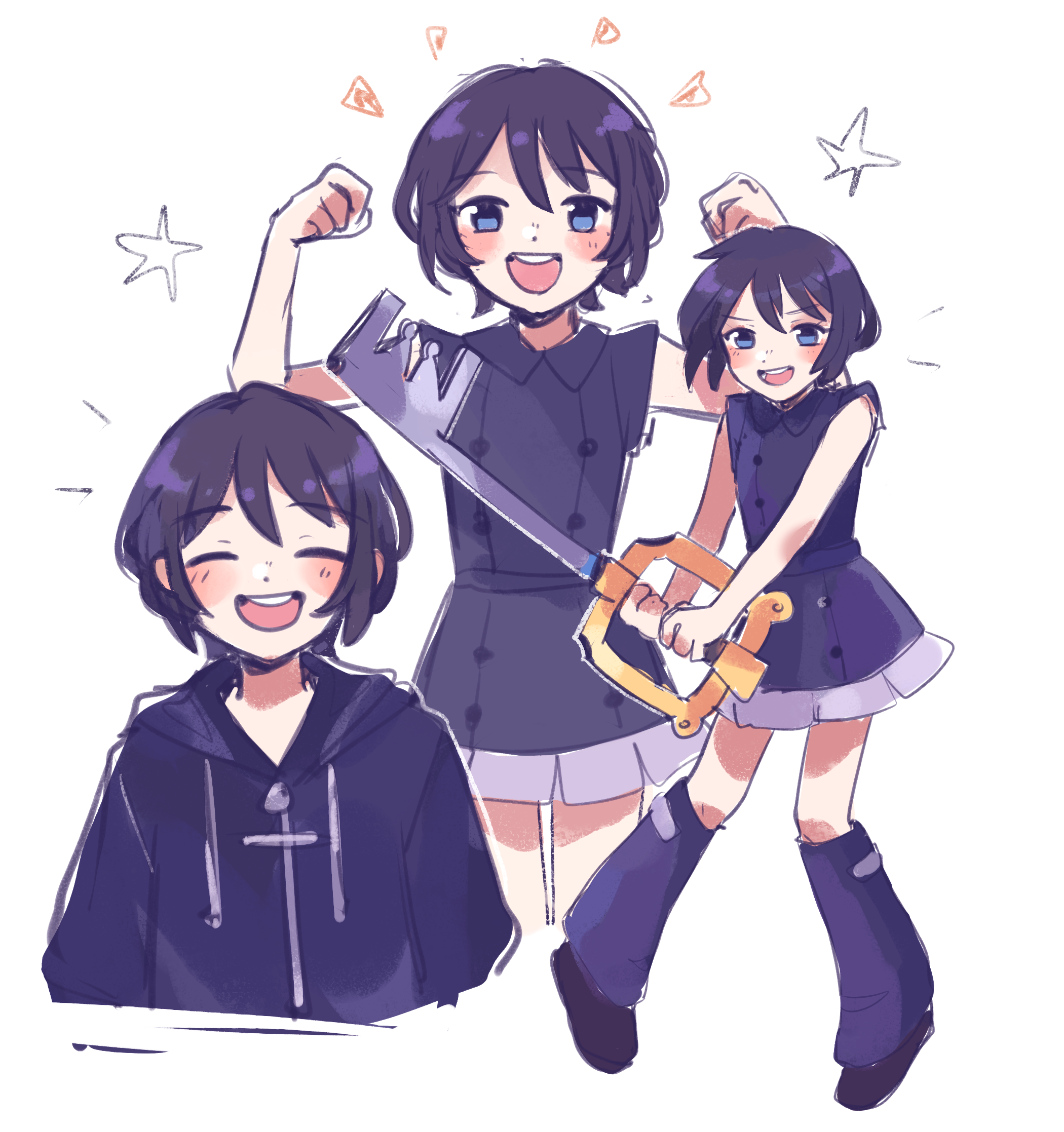 yabuling, xion (kingdom hearts), kingdom hearts, highres, 1girl, black hair, black shirt, black shoes, black socks, blue eyes, blush, closed eyes, dot nose, drawstring, eyelashes, holding, holding weapon, hood, hood down, keyblade, kingdom key, multiple views, open mouth, shirt, shoes, short hair, simple background, skirt, sleeveless, sleeveless shirt, smile, socks, star (symbol), teeth, upper teeth only, weapon, white background, white skirt