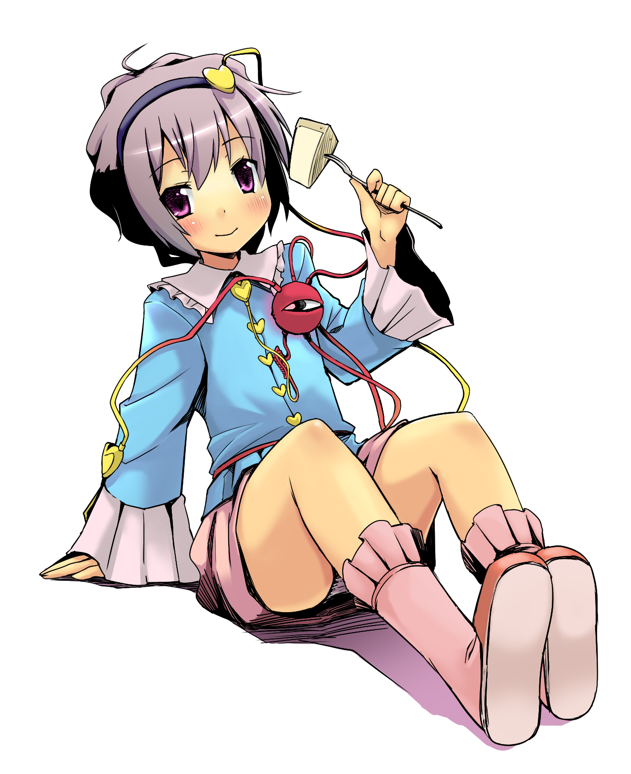 numako, komeiji satori, touhou, bad id, bad pixiv id, highres, 1girl, blush, cake, female focus, food, fork, hairband, panties, short hair, sitting, solo, underwear