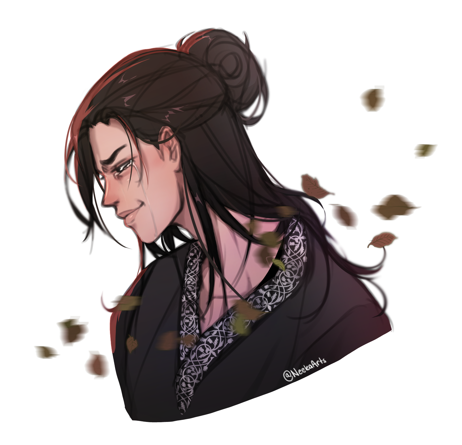 sunny (shadow slave), shadow slave, commentary, english commentary, highres, 1boy, black eyes, black hair, black robe, crying, crying with eyes open, falling leaves, hair bun, leaf, long hair, male focus, neekaarts, robe, smile, solo, tears, upper body