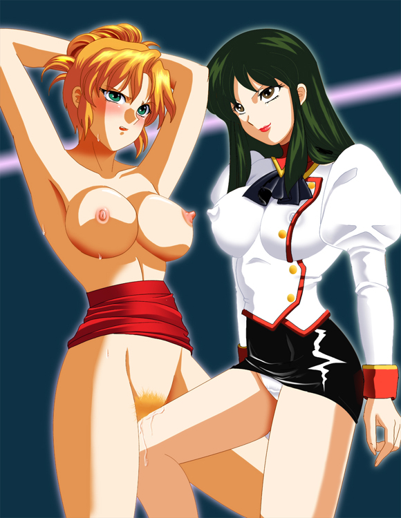 delmo, delmo commander, sumeragi aika, white delmo, agent aika, aika (series), 1990s (style), 2girls, blonde hair, blush, breasts, brown eyes, covered erect nipples, green eyes, green hair, latex, miniskirt, multiple girls, panties, pantyshot, pencil skirt, retro artstyle, skin tight, skirt, underwear, yuri