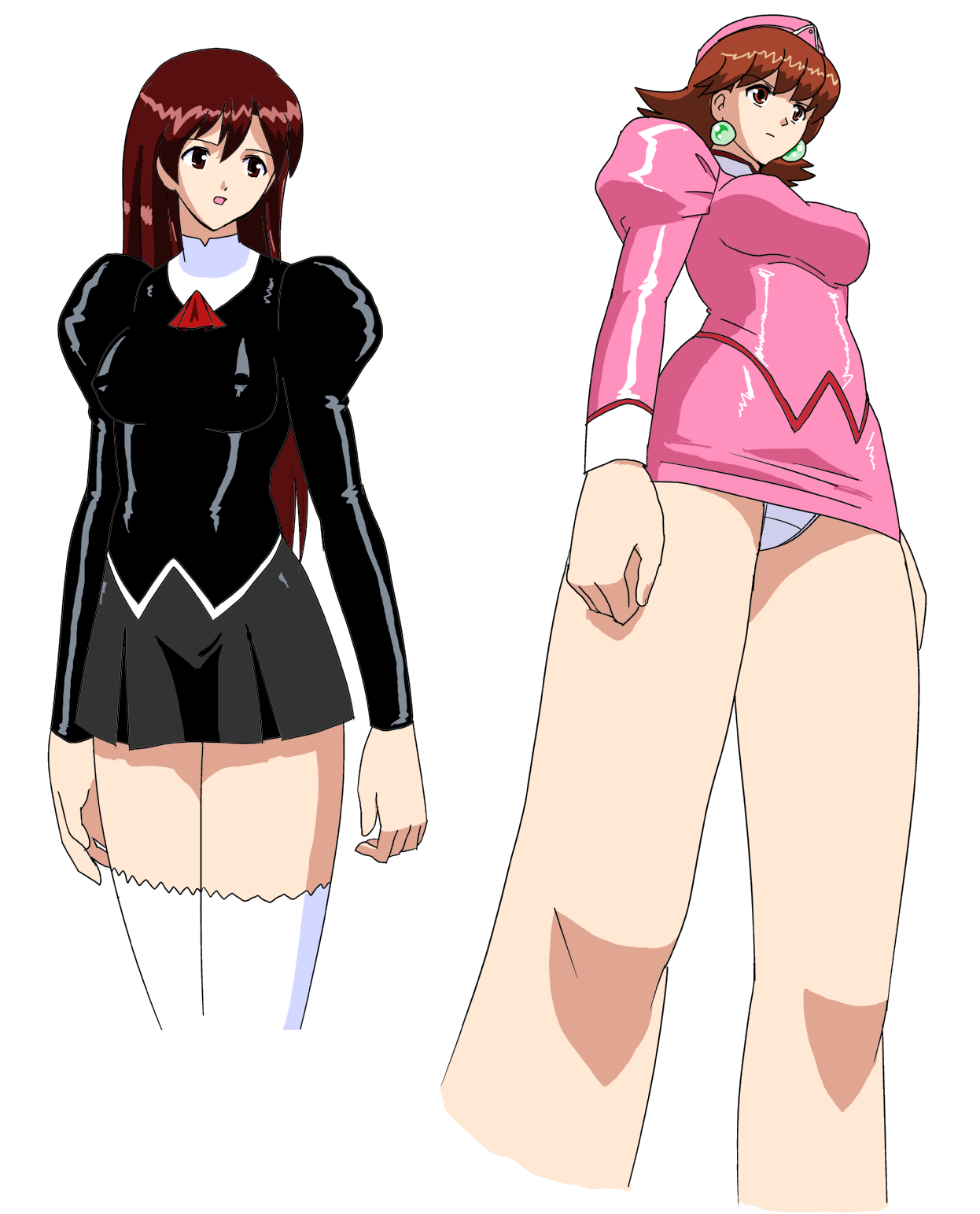 black delmo, delmo, naomi (agent aika), pink delmo, suzie (agent aika), agent aika, aika (series), pink headwear, red neckwear, white legwear, highres, 1990s (style), 2girls, black skirt, breasts, brown eyes, brown hair, cropped legs, dress, earrings, from below, hat, impossible clothes, jewelry, juliet sleeves, latex, long hair, long sleeves, medium breasts, microdress, microskirt, miniskirt, multiple girls, panties, pantyshot, pink dress, pink hair, puffy sleeves, red eyes, red hair, retro artstyle, simple background, skin tight, skirt, thighhighs, underwear, upskirt, white background, white panties, zettai ryouiki