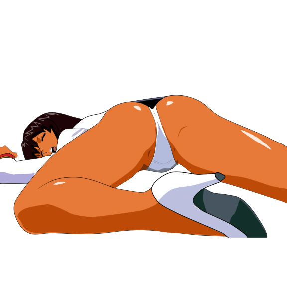 delmo, white delmo, white delmo p, agent aika, aika (series), 1990s (style), brown hair, dark skin, defeat, high heels, panties, pantyshot, retro artstyle, unconscious, underwear, upskirt