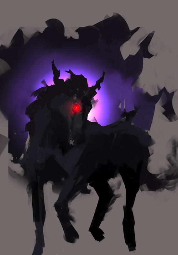 shadow slave, bad link, animal focus, bircl, demon horns, glowing, glowing eyes, horns, horse, no humans, painterly, red eyes