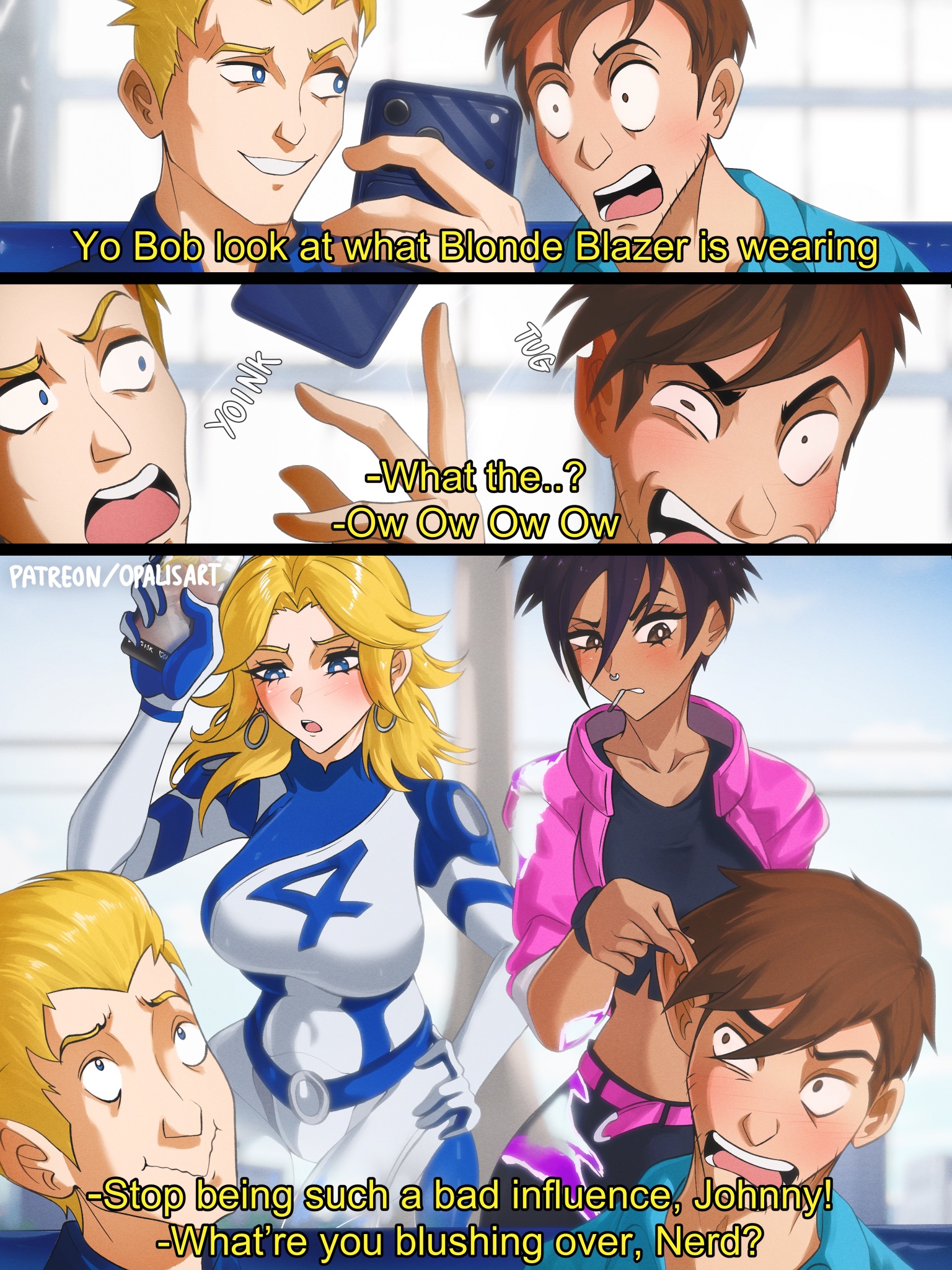 opalis, invisigal (dispatch), johnny storm, robert robertson, sue storm, dispatch, fantastic four, marvel, marvel rivals, commentary, english commentary, highres, 2boys, 2girls, blonde hair, blue bodysuit, blue eyes, blush, bodysuit, breasts, brown hair, crop top, hair between eyes, invisible, long hair, looking at viewer, multicolored bodysuit, multiple boys, multiple girls, partially invisible, power connection, short hair, smile, superhero costume, trait connection, two-tone bodysuit, white bodysuit