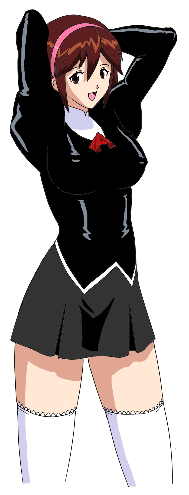 black delmo, delmo, agent aika, aika (series), white legwear, highres, 1990s (style), brown eyes, brown hair, latex, miniskirt, retro artstyle, skin tight, skirt, thighhighs, tight clothes