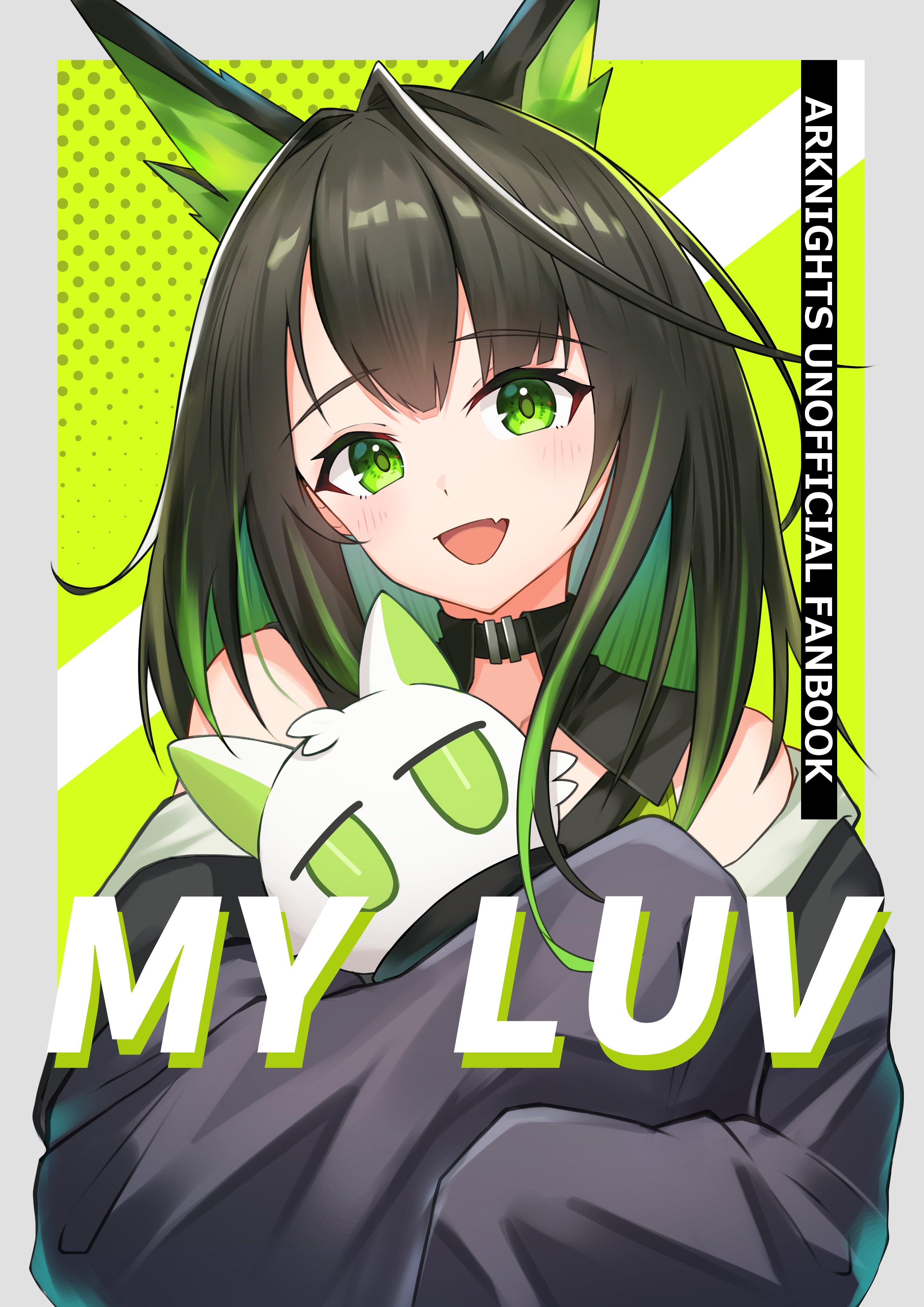 k@bu, mon3tr (arknights), arknights, absurdres, commentary request, highres, 1girl, :d, animal ears, bare shoulders, black hair, black jacket, border, colored inner hair, english text, fang, green eyes, green hair, green shirt, green streaks, grey border, head tilt, holding, holding stuffed toy, hugging object, jacket, light blush, looking at viewer, multicolored hair, off shoulder, open mouth, shirt, short hair, skin fang, sleeveless, sleeveless shirt, smile, solo, straight-on, streaked hair, stuffed animal, stuffed toy, upper body