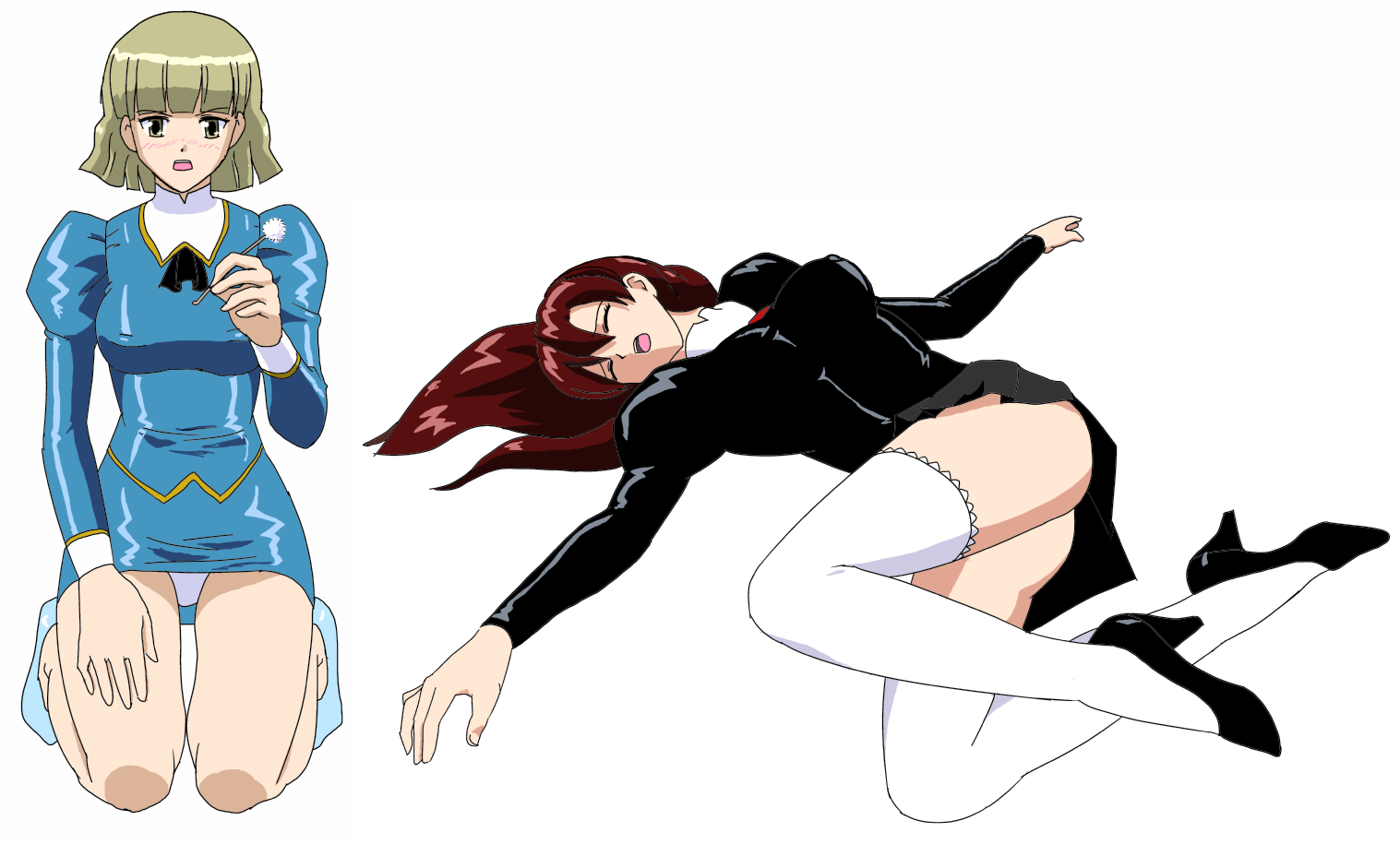 black delmo, blue delmo, blue delmo w, delmo, naomi (agent aika), agent aika, aika (series), white legwear, 1990s (style), green eyes, green hair, high heels, latex, miniskirt, open mouth, panties, pantyshot, red hair, retro artstyle, skin tight, skirt, thighhighs, unconscious, underwear, upskirt