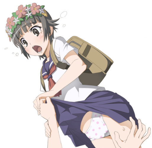 caryo, nanashino, uiharu kazari, toaru kagaku no railgun, toaru majutsu no index, 00s, 1girl, black eyes, black hair, clothes lift, female focus, head wreath, panties, pantyshot, polka dot, polka dot panties, school uniform, serafuku, skirt, skirt lift, solo, underwear, white panties