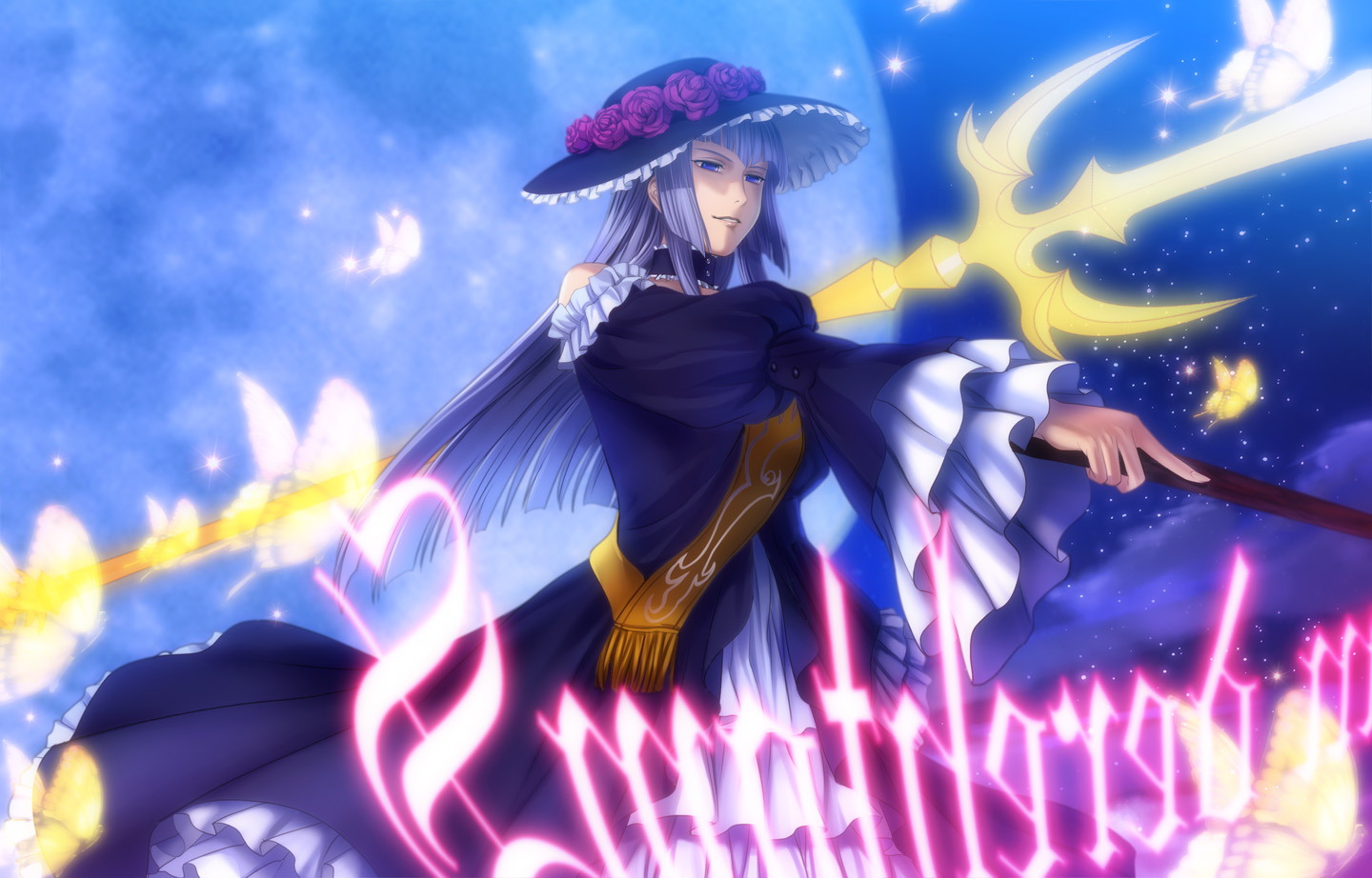 mutsuki (moonknives), ryukishi07, virgilia (umineko), fate (series), umineko no naku koro ni, 00s, 1girl, artistic error, blue eyes, blunt bangs, bug, butterfly, choker, dress, female focus, flower, full moon, gate of babylon (fate), hat, hime cut, insect, long hair, moon, purple hair, smothered mate, solo, weapon