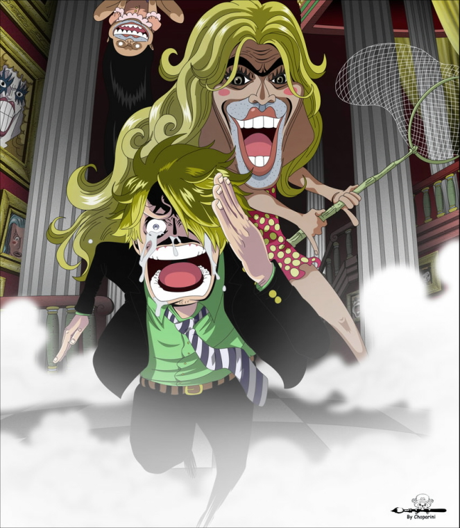 emporio ivankov, sanji (one piece), tibany, tony tony chopper, one piece, striped neckwear, third-party edit, 3boys, black hair, black jacket, black pants, blonde hair, blush stickers, crossdressing, crossdressing (mtf), facial hair, formal clothes, green shirt, hair over one eye, hallway, hand net, hat, jacket, long hair, male focus, multiple boys, necktie, net, open mouth, paintbrush, painting (object), pants, polka dot, running, screaming, shirt, stubble, suit, tears, very long hair, what
