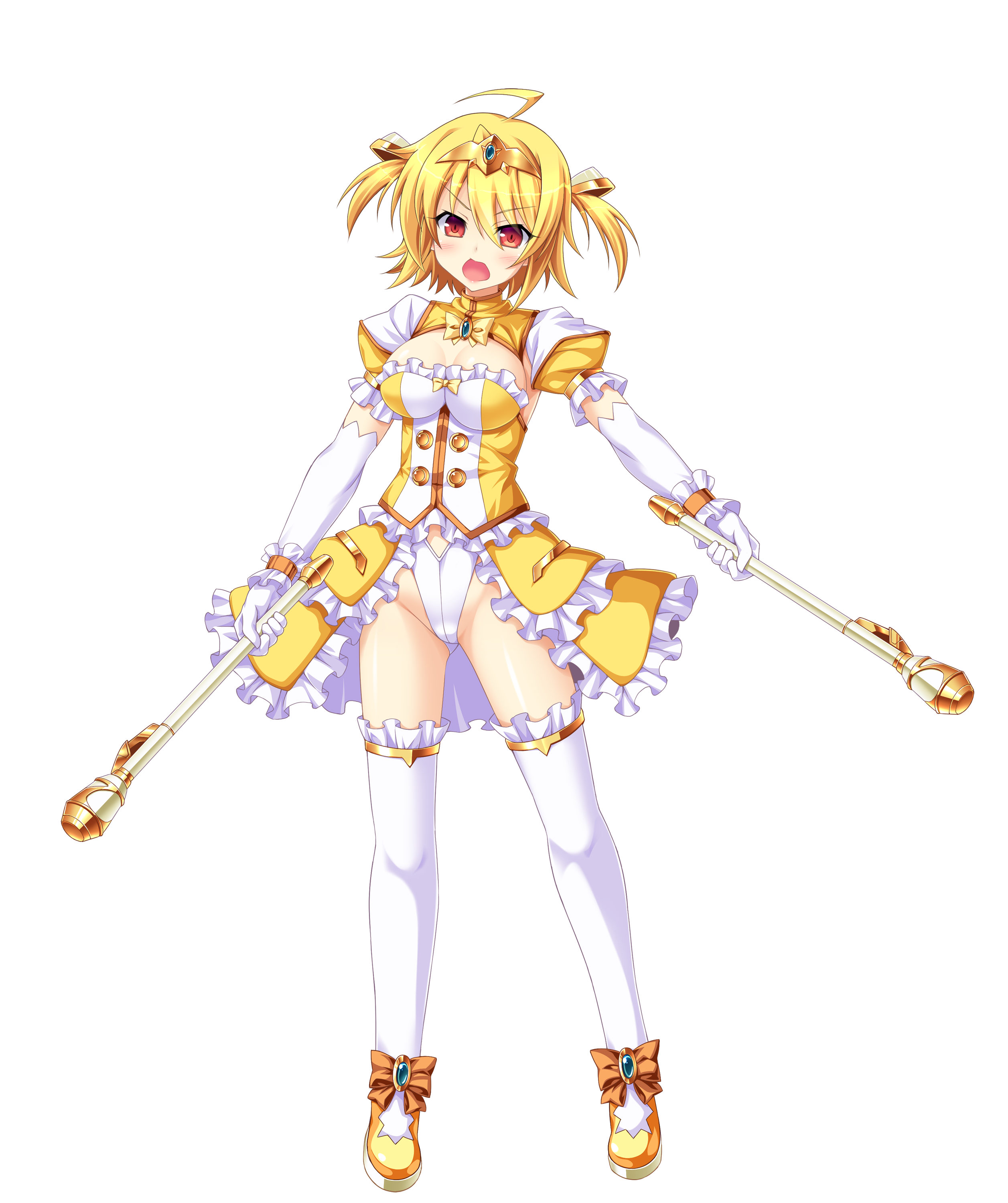 aoi masami, amagi nao, arty flare, ts magical girl nao, absurdres, game cg, highres, large variant set, non-web source, official art, variant set, 1girl, :o, ahoge, blonde hair, blush, breasts, cleavage, dress, dual wielding, elbow gloves, frills, full body, genderswap, genderswap (mtf), gloves, hair ornament, holding, jewelry, large breasts, leotard, looking at viewer, magical girl, open mouth, puffy short sleeves, puffy sleeves, red eyes, short hair, short sleeves, showgirl skirt, solo, standing, thighhighs, tiara, transparent background, two side up, white gloves, white thighhighs