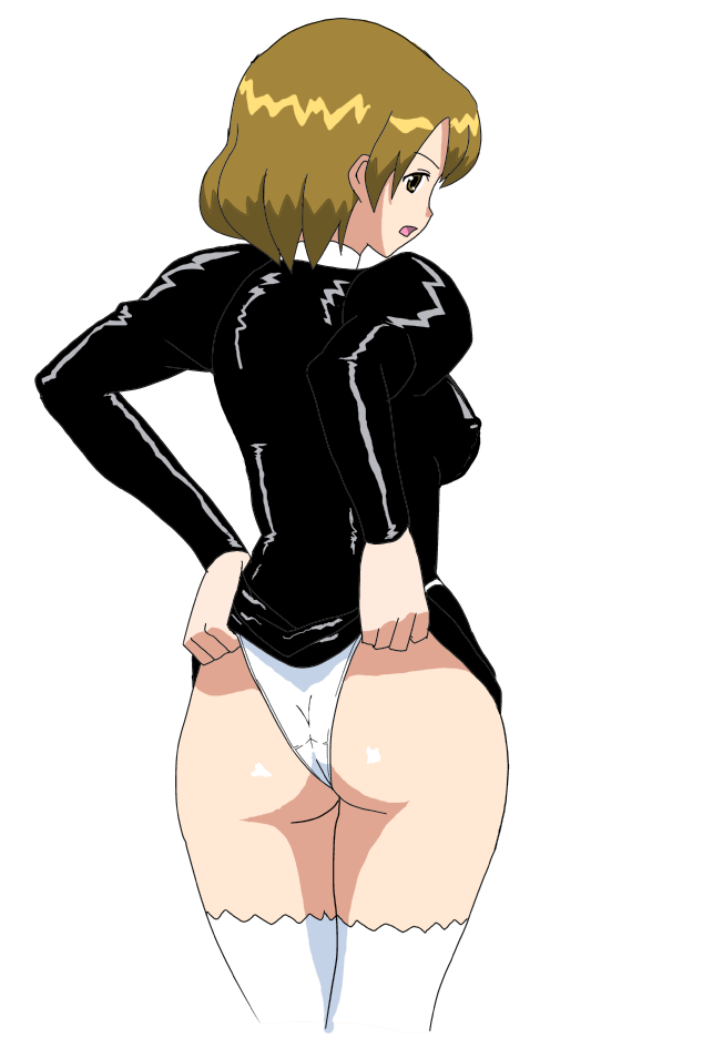 black delmo, delmo, misaki (agent aika), agent aika, aika (series), 1990s (style), ass, blonde hair, brown eyes, clothes lift, latex, looking at viewer, miniskirt, panties, pantyshot, retro artstyle, self wedgie, skin tight, skirt, skirt lift, thighhighs, underwear, upskirt, wedgie