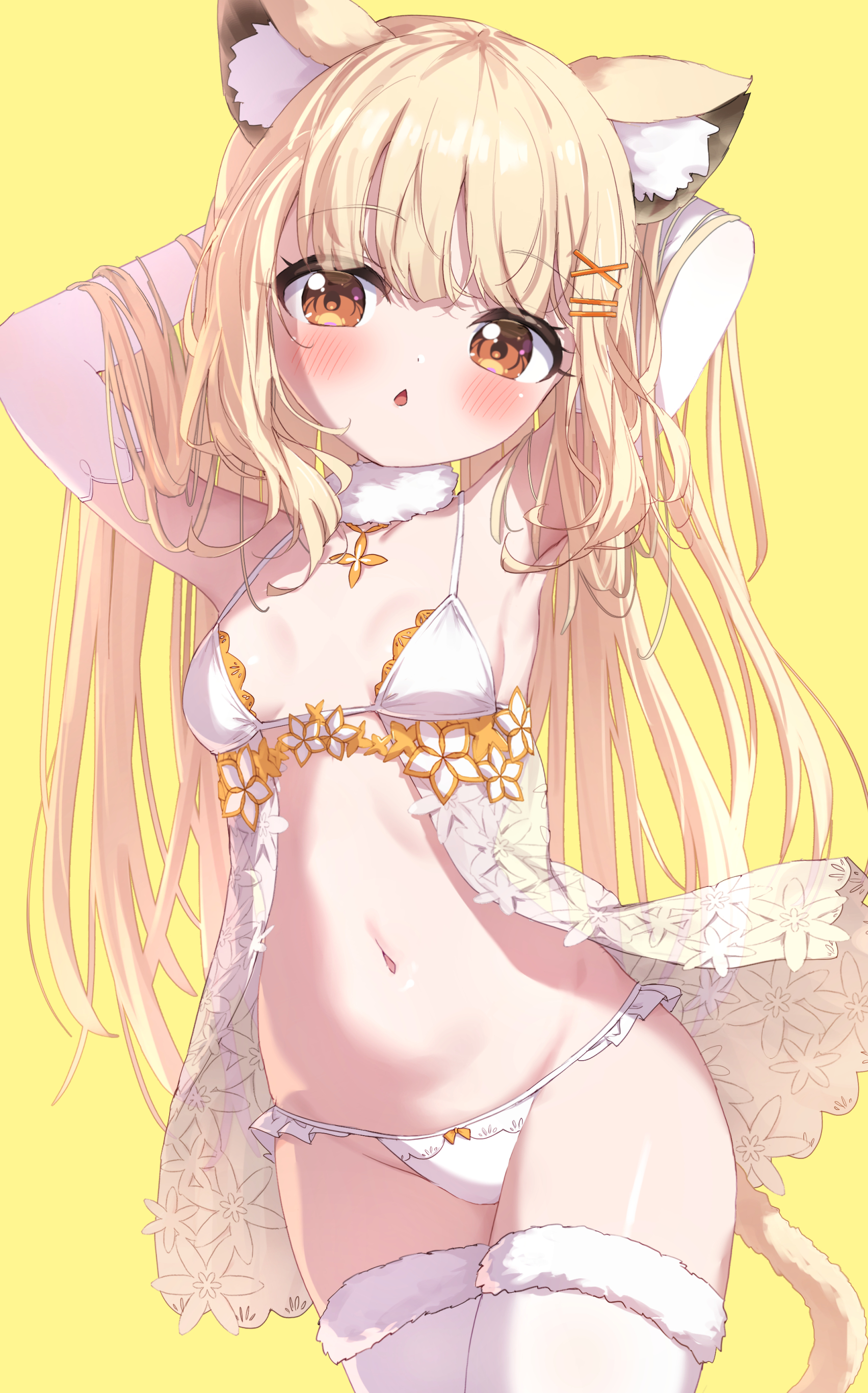 masaki (msk064), original, absurdres, commentary, highres, revision, symbol-only commentary, 1girl, animal ear fluff, animal ears, armpits, arms behind head, arms up, babydoll, bare shoulders, blonde hair, blush, bow, bow panties, breasts, brown eyes, chestnut mouth, collarbone, fur-trimmed legwear, fur trim, hair ornament, hairclip, long hair, looking at viewer, navel, panties, parted lips, simple background, small breasts, solo, thighhighs, underwear, underwear only, very long hair, white panties, white thighhighs, x hair ornament, yellow background