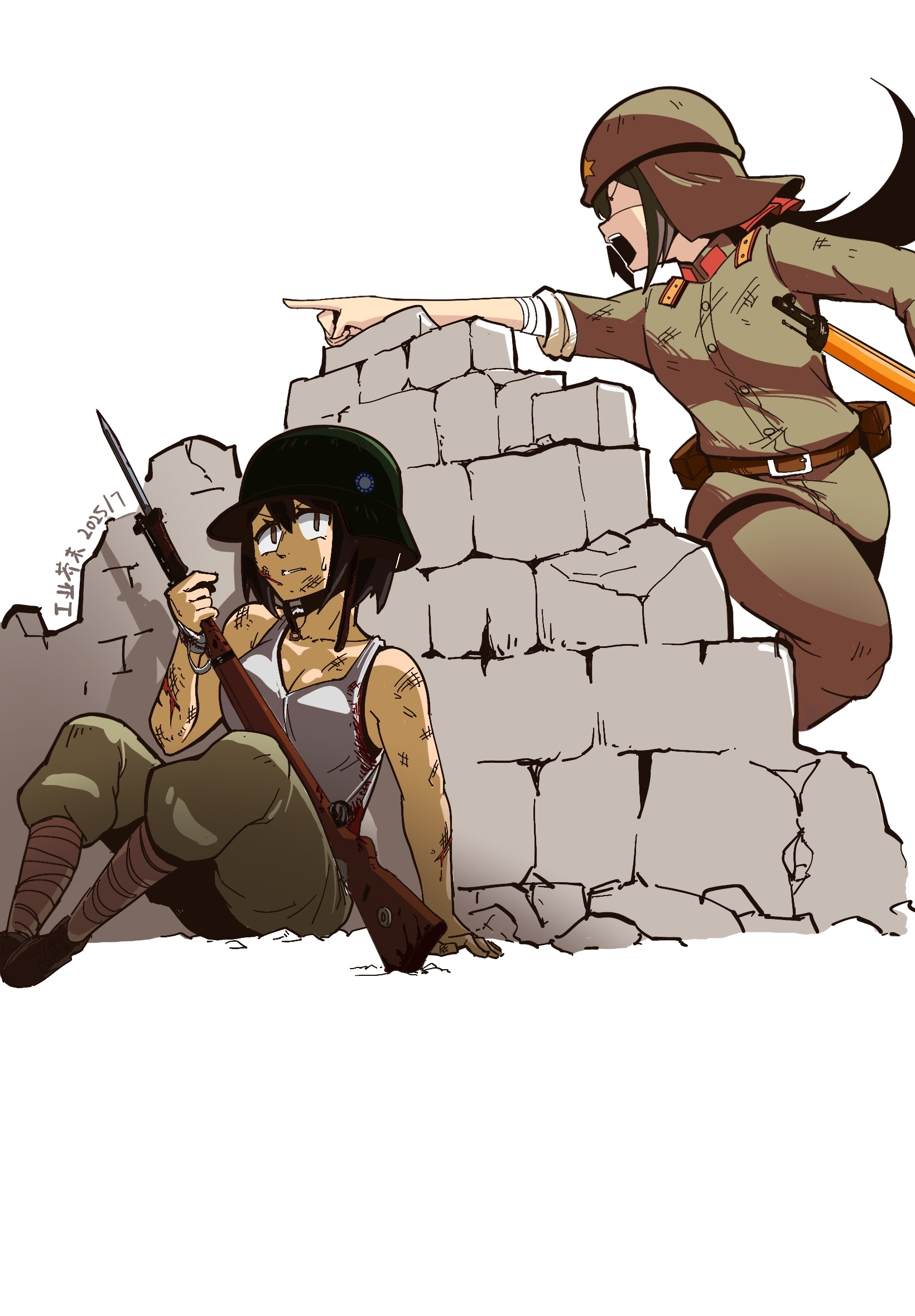 dayue, original, commentary request, highres, 2girls, arisaka, battle, bayonet, bob cut, bolt action, brown eyes, brown hair, closed mouth, combat helmet, full body, gun, helmet, holding, holding gun, holding weapon, imperial japanese army, kuomintang, long hair, long sleeves, mauser 98, military, military uniform, multiple girls, national revolutionary army, pointing, rifle, second sino-japanese war, shirt, short hair, simple background, sleeveless, sleeveless shirt, stahlhelm, weapon, white background, white shirt