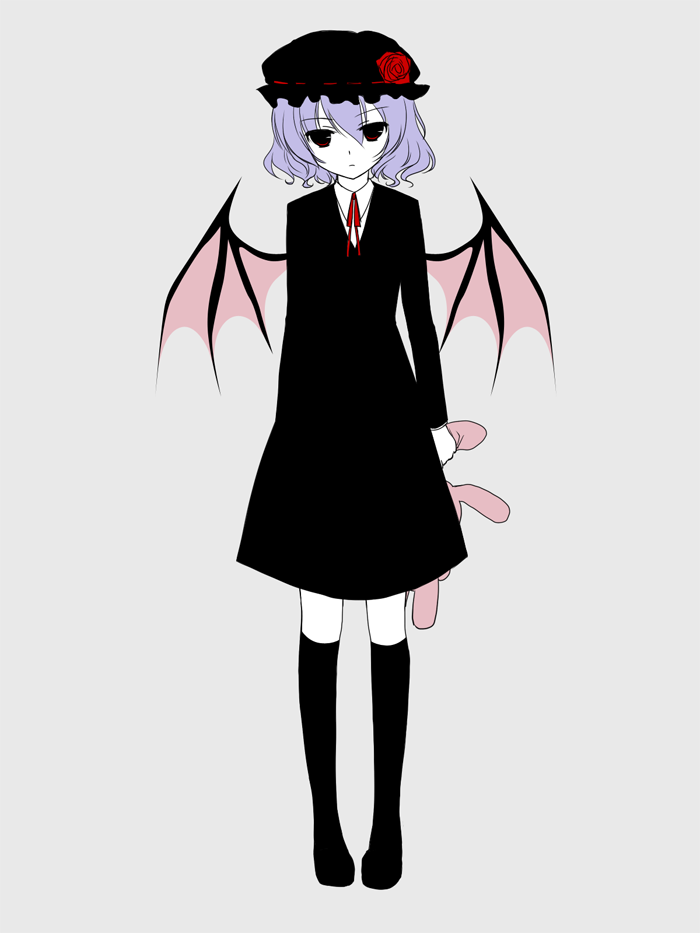 po (oq03), remilia scarlet, touhou, bad id, bad pixiv id, 1girl, alternate costume, black dress, dress, female focus, flat color, flower, full body, hat, purple hair, red eyes, rose, short hair, simple background, solo, white background, wings