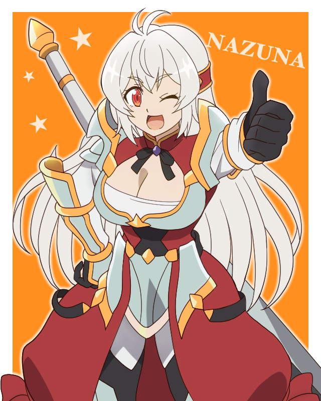 onomekaman, nazuna (mugen gacha), mugen gacha, commentary request, 1girl, ;d, ahoge, arm armor, armor, armored boots, black bow, black gloves, boobplate, boots, border, bow, breastplate, breasts, character name, cleavage, cleavage cutout, clothing cutout, cowboy shot, dress, faulds, gloves, greatsword, hand on own hip, huge weapon, large breasts, long hair, looking at viewer, one eye closed, open mouth, orange background, outside border, pauldrons, red dress, red eyes, shoulder armor, simple background, smile, solo, standing, star (symbol), sword, sword on back, thumbs up, two-handed sword, vambraces, weapon, weapon on back, white border, white hair
