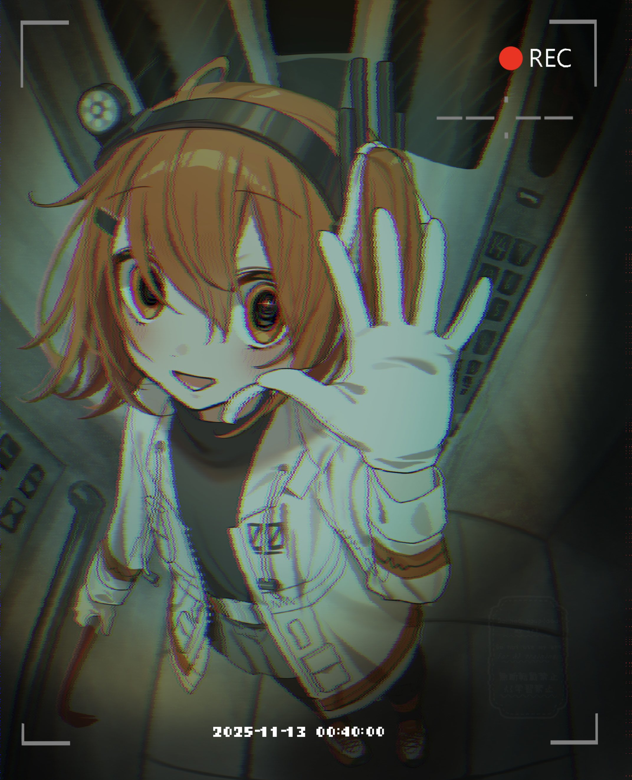 adachi rei, a.i. voice, utau, absurdres, hashtag-only commentary, highres, 1girl, belt, black pantyhose, black shirt, blush, buckle, camera feed, chromatic aberration, coat, crowbar, dated, elevator, flat chest, from above, glitch, gloves, grey skirt, hair between eyes, hair ribbon, hairband, hand up, headlamp, holding, holding crowbar, long sleeves, looking at viewer, mikazuki123457, open clothes, open coat, open mouth, orange eyes, orange hair, pantyhose, perspective, recording, ribbon, shirt, shoes, short hair, skirt, snap-fit buckle, sneakers, solo, standing, timestamp, turtleneck, viewfinder, watermark, waving, white coat, white gloves