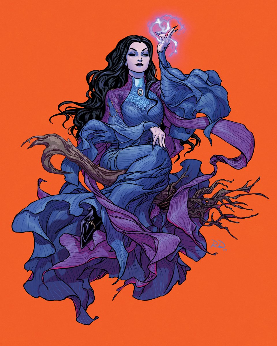 russell dauterman, marvel, commentary, english commentary, highres, 1girl, agatha all along, agatha harkness, black hair, black shoes, blue dress, blue eyes, branch, dress, eyeshadow, fingernails, floating clothes, initial, long fingernails, long hair, looking at viewer, magic, makeup, mature female, multicolored dress, orange background, purple dress, purple eyeshadow, purple lips, sharp fingernails, shoes, sitting, solo, witch