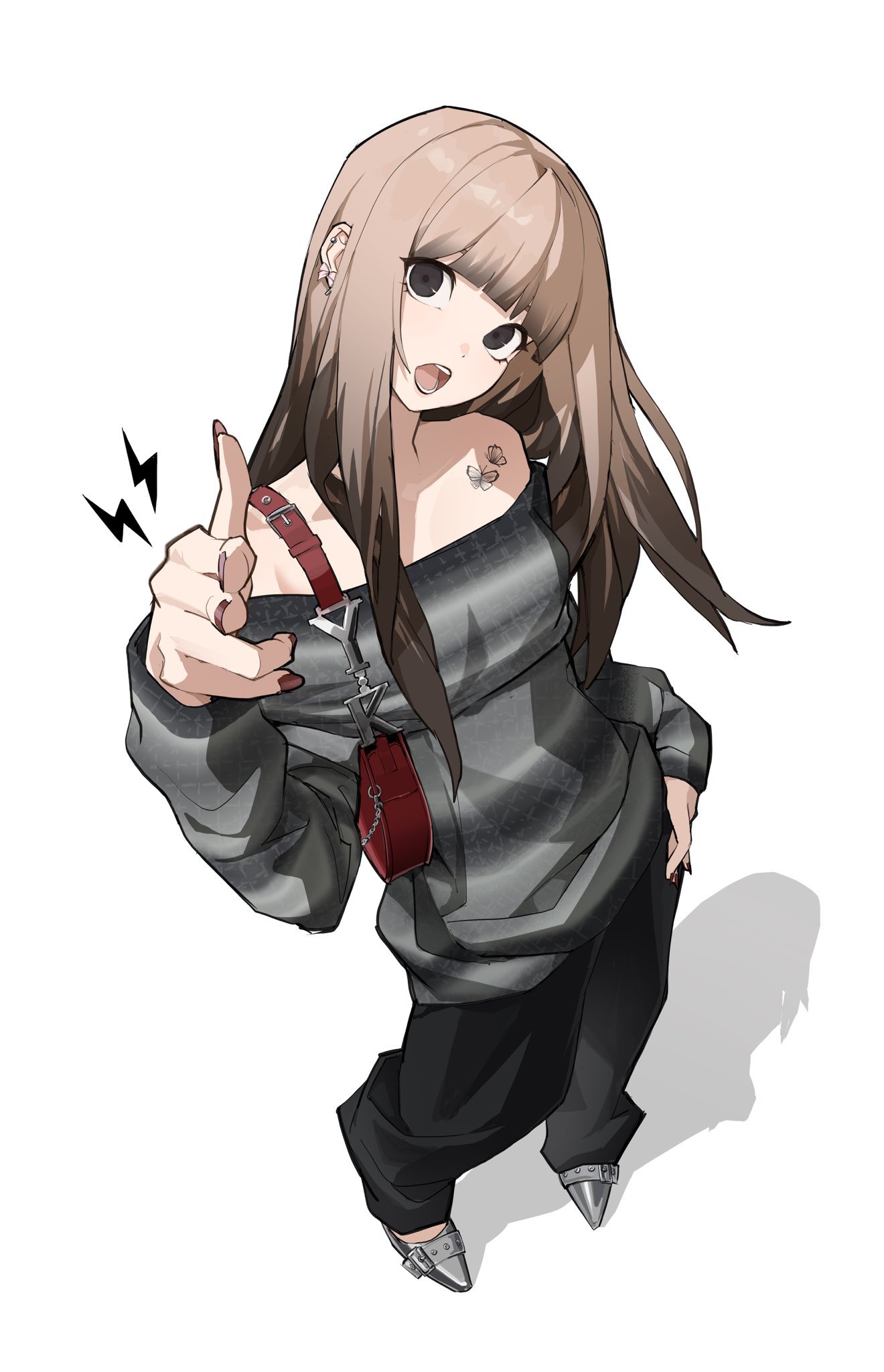 kimura 731, original, commentary, highres, symbol-only commentary, 1girl, :o, bag, bare shoulders, black eyes, black pants, brown hair, butterfly tattoo, ear piercing, fingernails, full body, grey sweater, handbag, nail polish, open mouth, pants, patterned clothing, piercing, red nails, shoes, shoulder tattoo, silver shoes, simple background, sweater, tattoo, white background