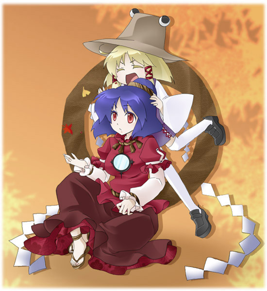 gyokurocha, moriya suwako, yasaka kanako, touhou, bad id, bad pixiv id, 2girls, blonde hair, blue hair, breasts, female focus, full body, gradient background, hat, multiple girls, red eyes, rope, short hair, skirt, thighhighs