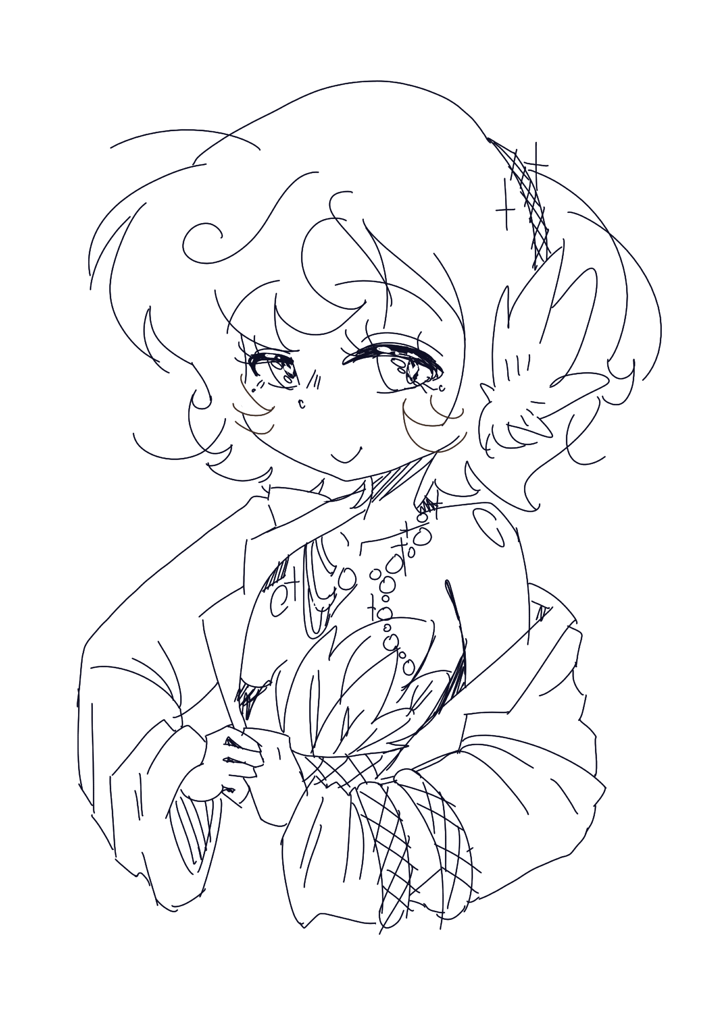 schneider (reverse:1999), reverse:1999, commentary, english commentary, highres, 1girl, bluelikethevoidarts, doodle, feathers, flapper, lineart, portrait, simple background, sketch, solo