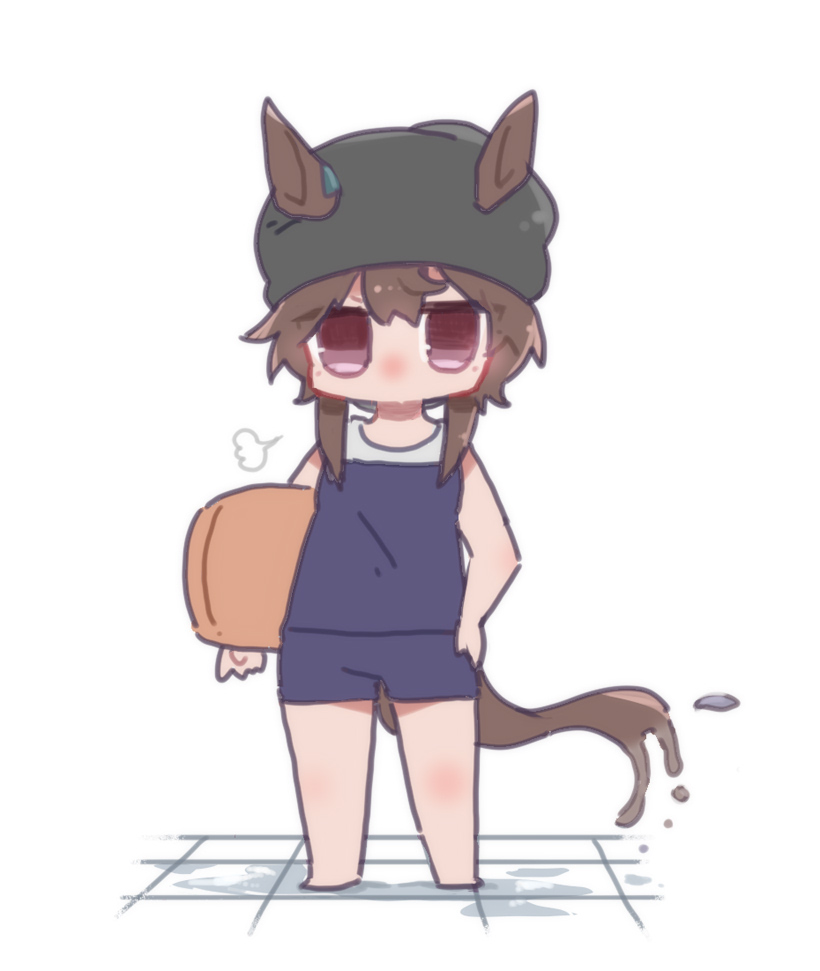 beer hsk, nakayama festa (umamusume), umamusume, commentary request, 1girl, animal ears, bare arms, bare shoulders, barefoot, black hat, blue one-piece swimsuit, brown hair, carrying, carrying under arm, chibi, ears through headwear, full body, hair between eyes, hand on own hip, hat, horse ears, horse girl, horse tail, kickboard, looking at viewer, one-piece swimsuit, purple eyes, simple background, solo, standing, swimsuit, tail, white background