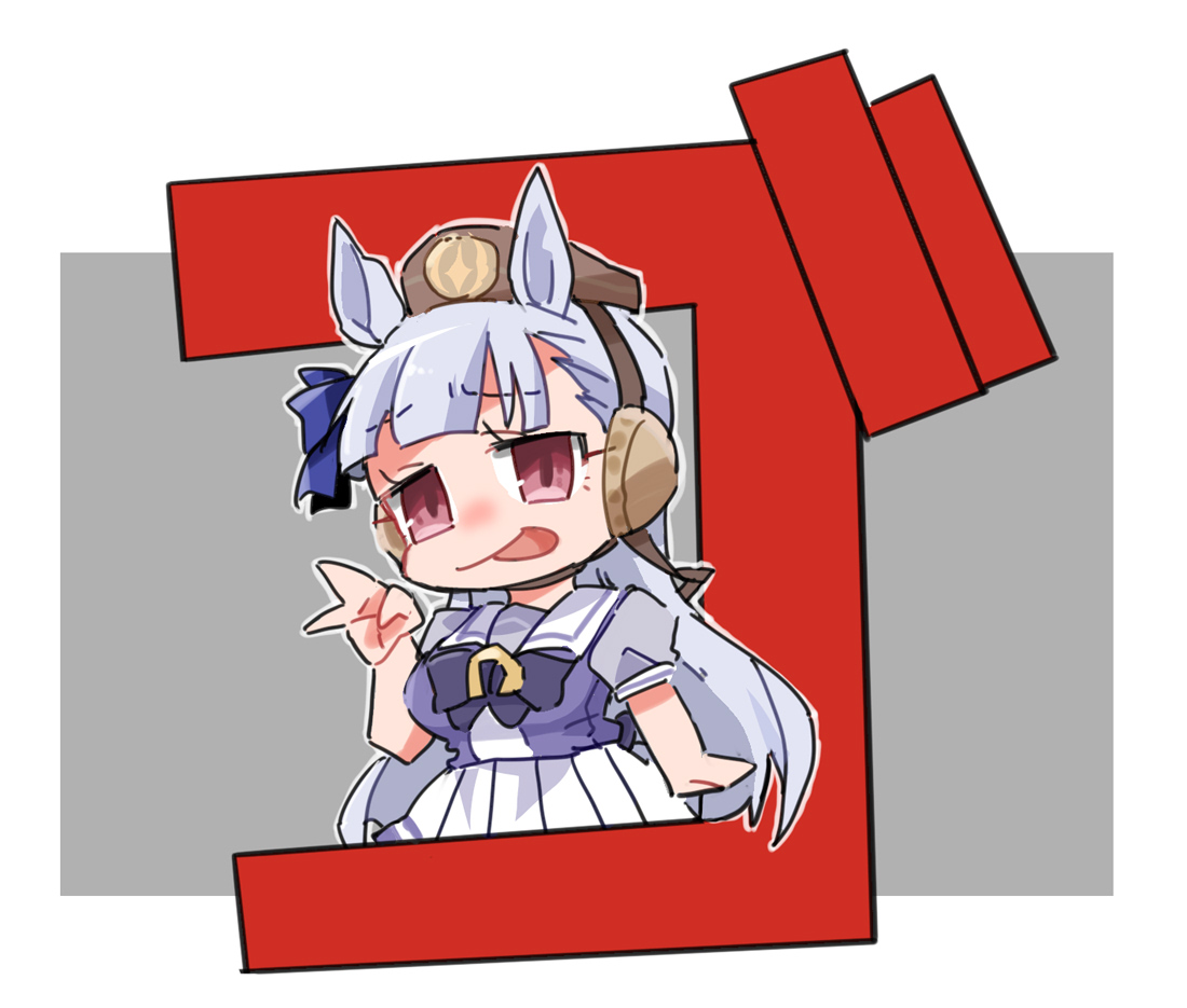 beer hsk, gold ship (umamusume), umamusume, commentary request, 1girl, :p, animal ears, blue bow, border, bow, breasts, brown hat, chibi, ear bow, ear covers, grey background, grey hair, hat, horse ears, long hair, looking at viewer, medium breasts, mini hat, pleated skirt, puffy short sleeves, puffy sleeves, purple bow, purple shirt, red eyes, school uniform, shirt, short sleeves, skirt, solo, tongue, tongue out, tracen school uniform, very long hair, white border, white skirt