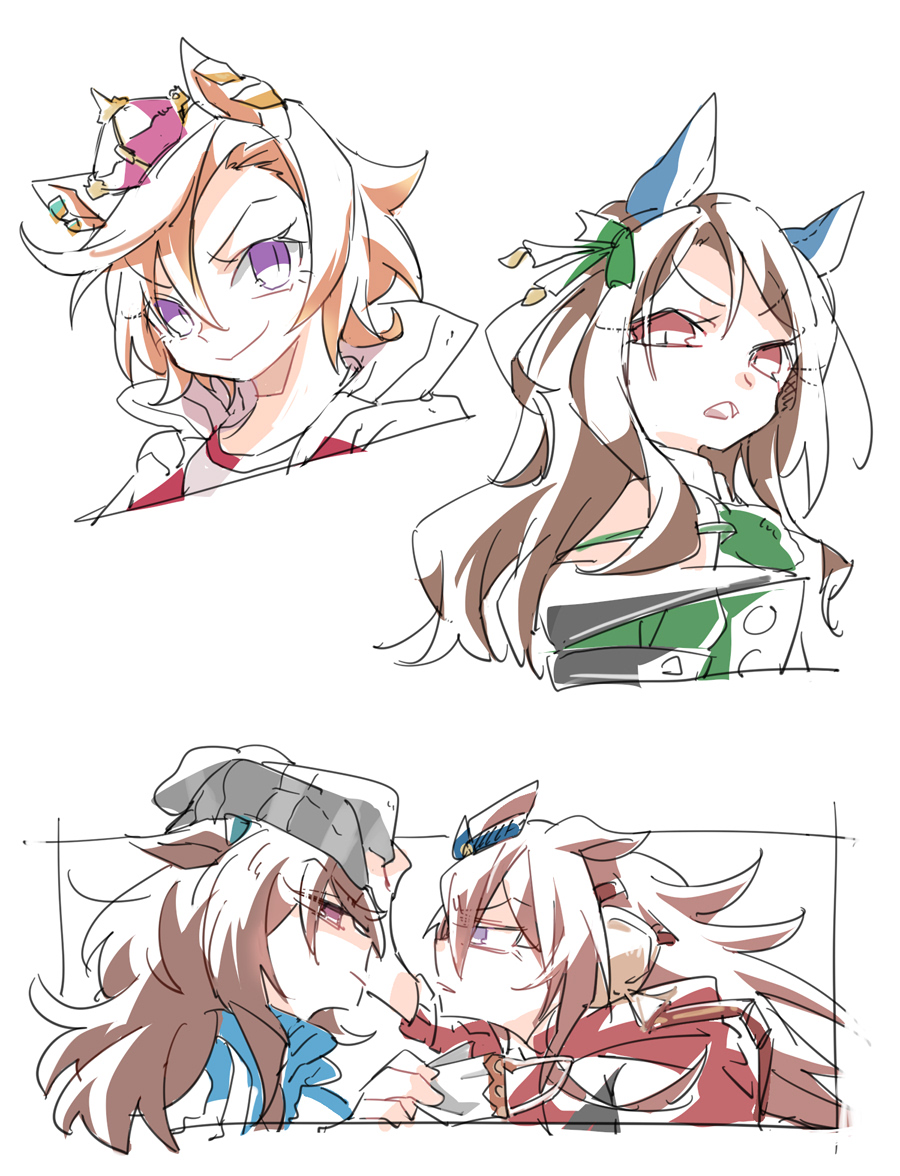 beer hsk, king halo (king of emeralds) (umamusume), king halo (umamusume), nakayama festa (umamusume), orfevre (old design) (umamusume), t.m. opera o (umamusume), umamusume, commentary request, 4girls, animal ears, bare shoulders, beanie, blue jacket, bow, brown hair, cropped torso, crown, dress, ear bow, green bow, green dress, grey hat, gym shirt, hair between eyes, hat, holding, holding mask, hood, hood down, hooded jacket, horse ears, jacket, long hair, mask, mini crown, multiple girls, off-shoulder dress, off shoulder, one side up, open clothes, open jacket, purple eyes, red eyes, red jacket, shirt, striped clothes, striped headwear, track jacket, unworn mask, upper body, v-shaped eyebrows, vertical-striped clothes, vertical-striped headwear, white background, white shirt