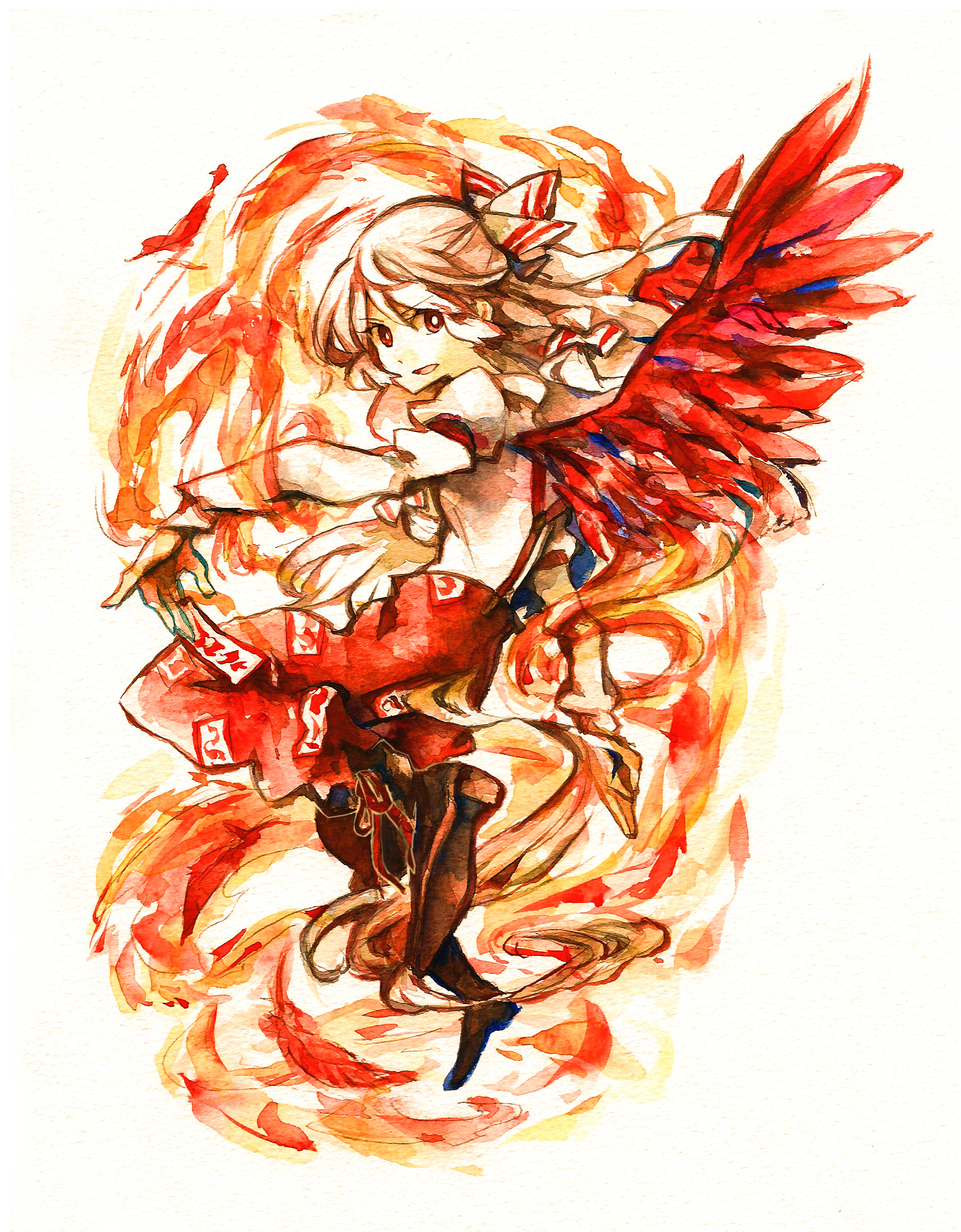 shinoasa, fujiwara no mokou, touhou, silver hair, bad id, bad pixiv id, highres, painting (medium), traditional media, watercolor (medium), 1girl, bow, female focus, fiery wings, fire, hair bow, long hair, red eyes, solo, wings