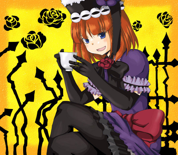 eva beatrice, umineko no naku koro ni, 00s, blue hair, dress, elbow gloves, flower, gloves, hat, orange hair, pantyhose, rose, staff