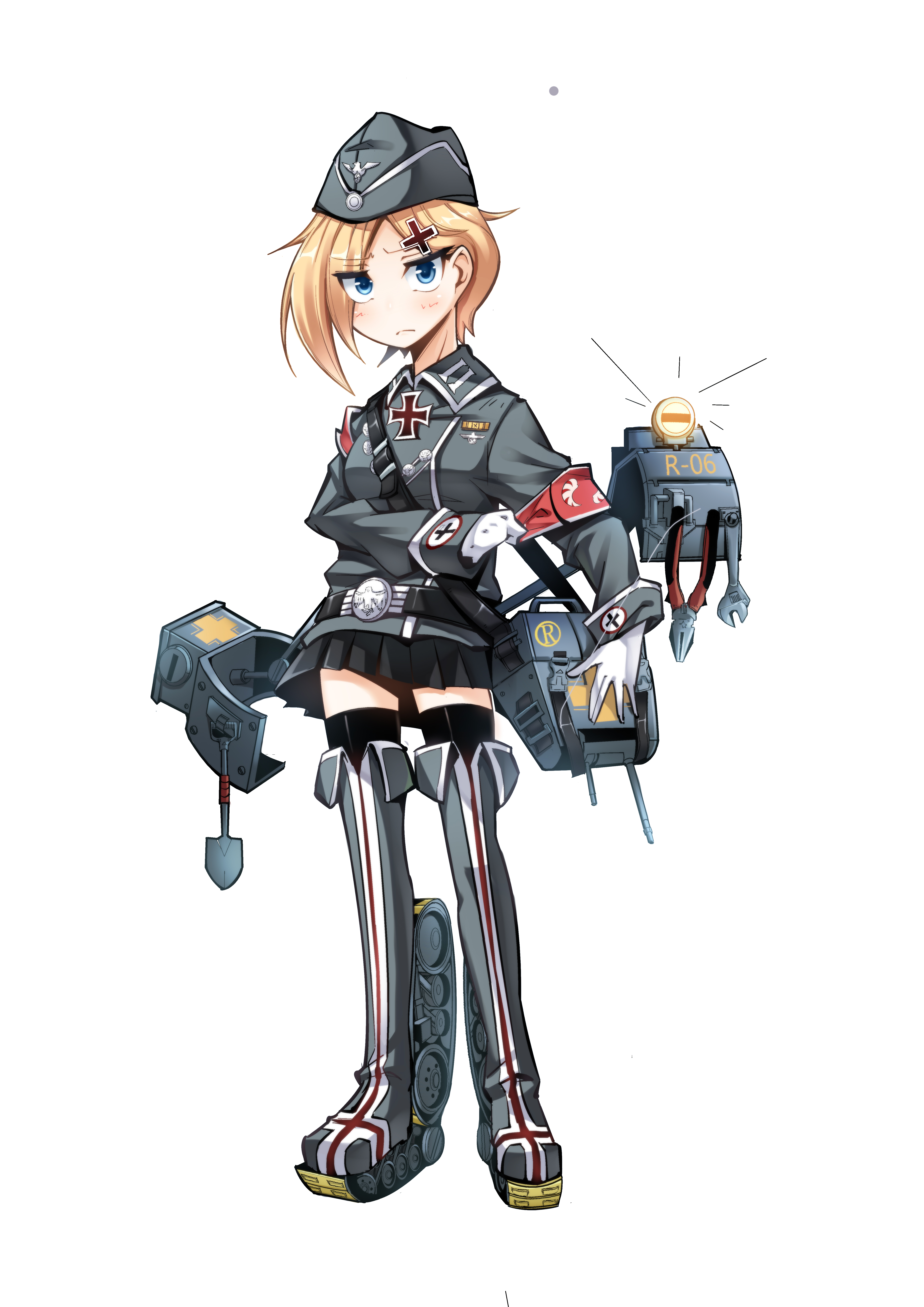dayue, original, absurdres, commentary request, highres, 1girl, black skirt, black thighhighs, blonde hair, blue eyes, closed mouth, cross, full body, german army, gloves, grey jacket, iron cross, jacket, long sleeves, looking at viewer, military uniform, personification, short hair, simple background, skirt, solo, thighhighs, white background, white gloves